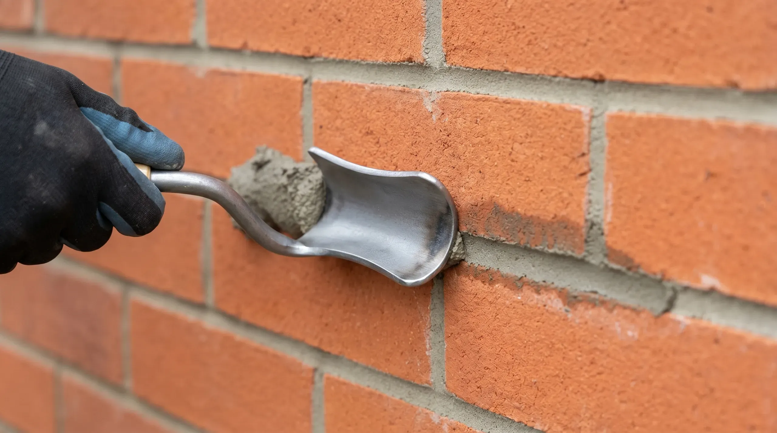 A double-ended steel brick jointer being drawn along a fresh horizontal mortar bed joint, leaving a clean concave bucket handle profile behind it on a new clay brick wall