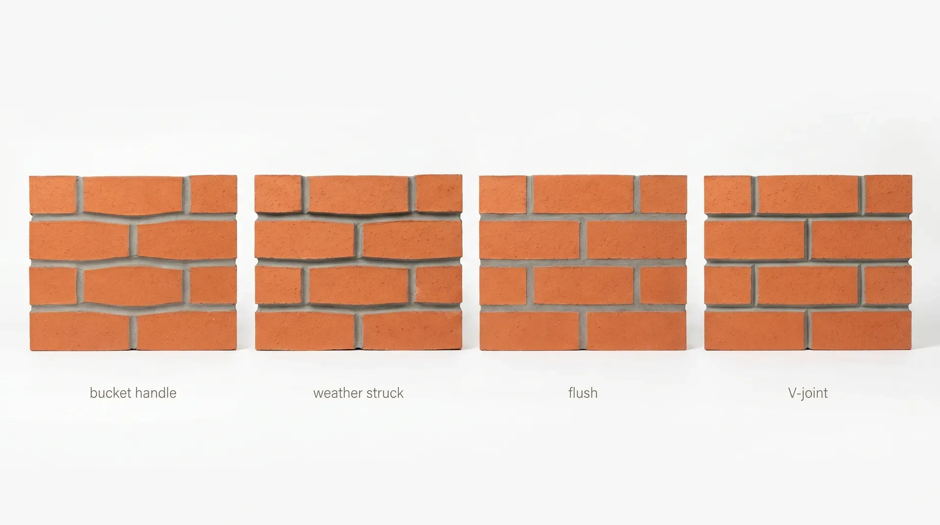Four 300x300mm sample brick wall panels side by side, each showing a different mortar joint profile on orange-red UK stock clay bricks: a smooth concave bucket handle, a weather struck slope, a flush level surface, and a V-groove, photographed head-on with clean white background.