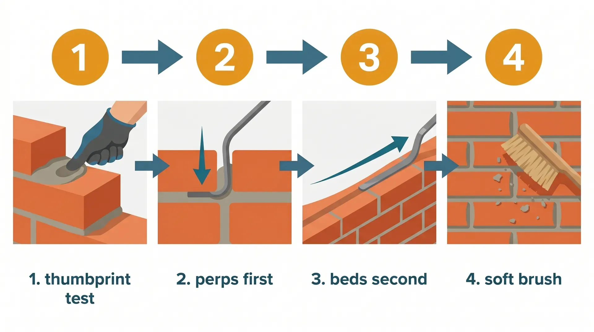 Four-panel flat vector infographic showing the bricklaying jointing sequence: panel one shows a gloved thumb pressing into fresh mortar to test firmness, panel two shows a cranked jointer working perpend joints first, panel three shows the jointer swept along bed joints leaving a concave profile, and panel four shows a soft brush removing mortar crumbs from the brick face.