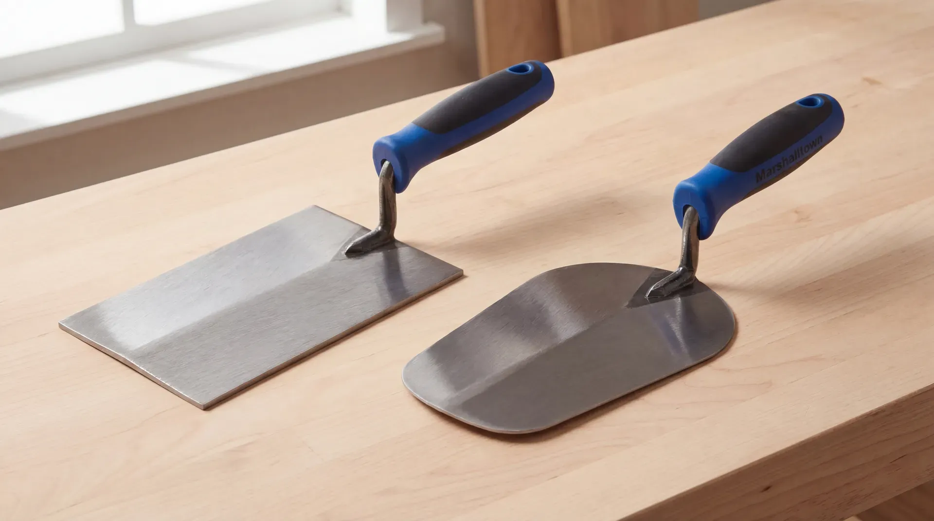 A budget brick trowel next to a professional Marshalltown Philadelphia trowel on a wooden workbench, showing the visible differences in blade thickness, finish quality, and handle design.