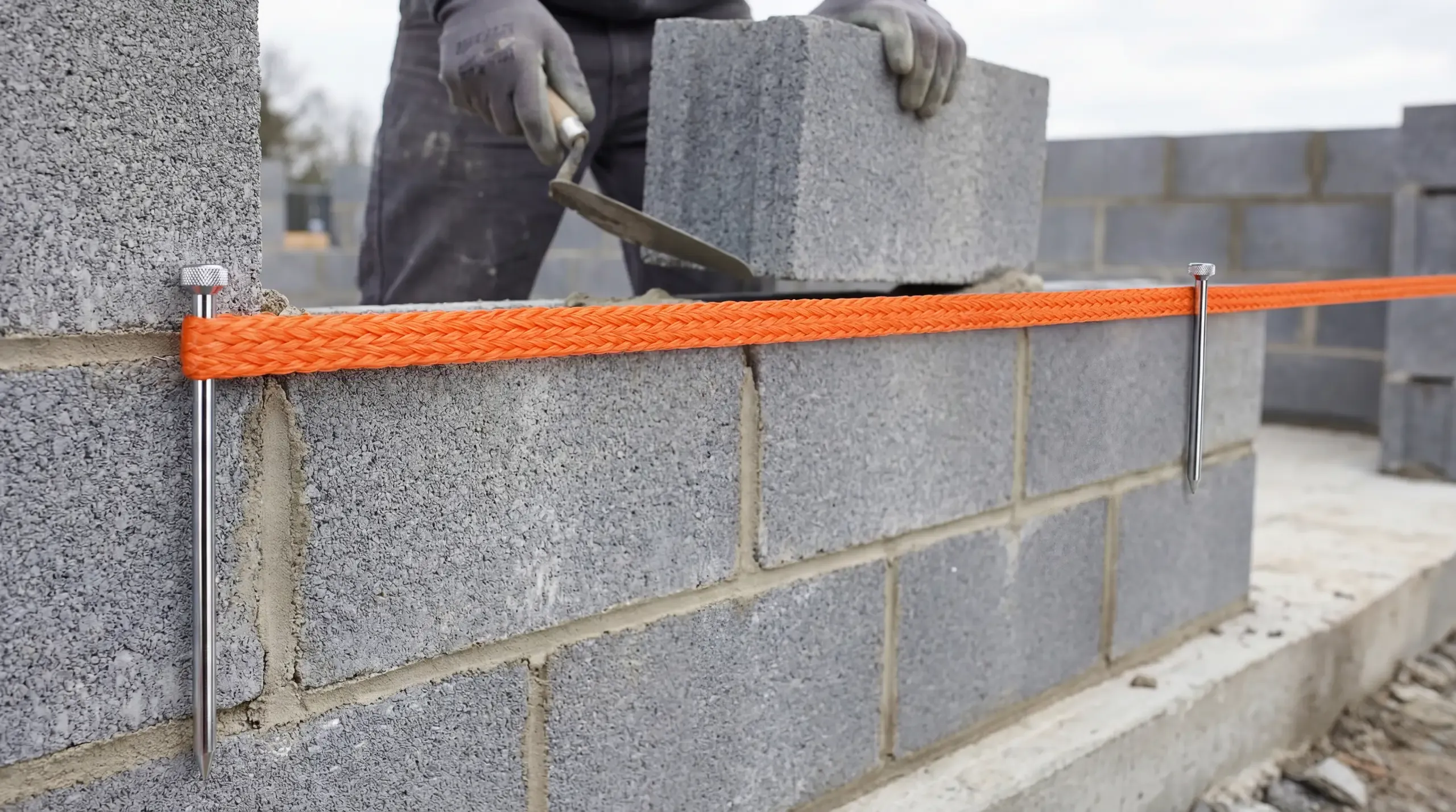 A taut orange builder's line stretched between two line pins on a blockwork wall, with freshly laid bricks visible below the string
