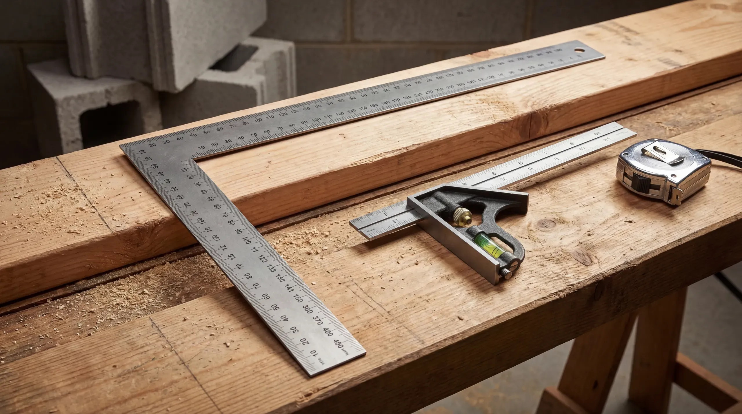 A steel framing square and a combination square laid on a timber workbench alongside a tape measure, with a partially built blockwork wall in the background