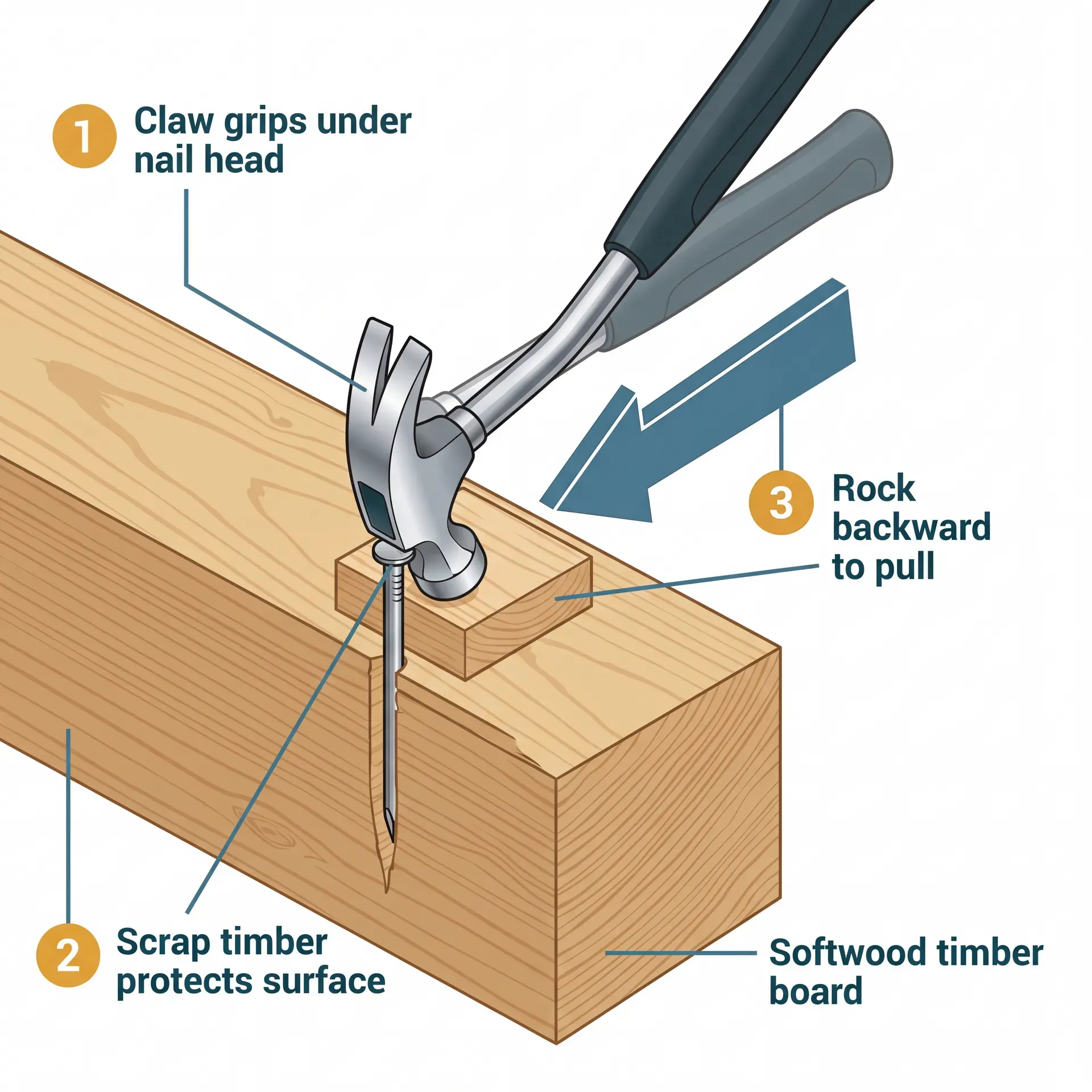 Isometric technical diagram showing a claw hammer pulling a nail from a timber board, with a scrap timber offcut placed under the hammer head for extra prying force and surface protection. Three numbered annotations highlight the claw grip, protective offcut, and rocking motion.
