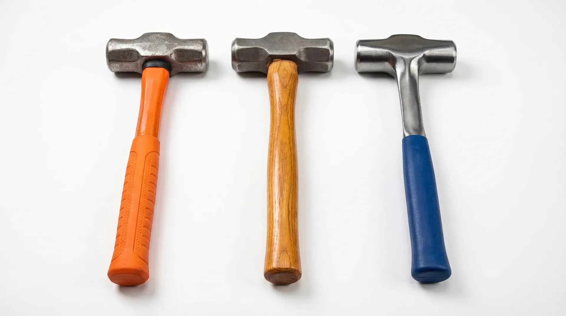 Three 2.5lb club hammers side by side comparing handle materials: fibreglass with orange rubber grip on the left, hickory wood with natural grain in the centre, and one-piece forged steel with blue vinyl grip on the right.