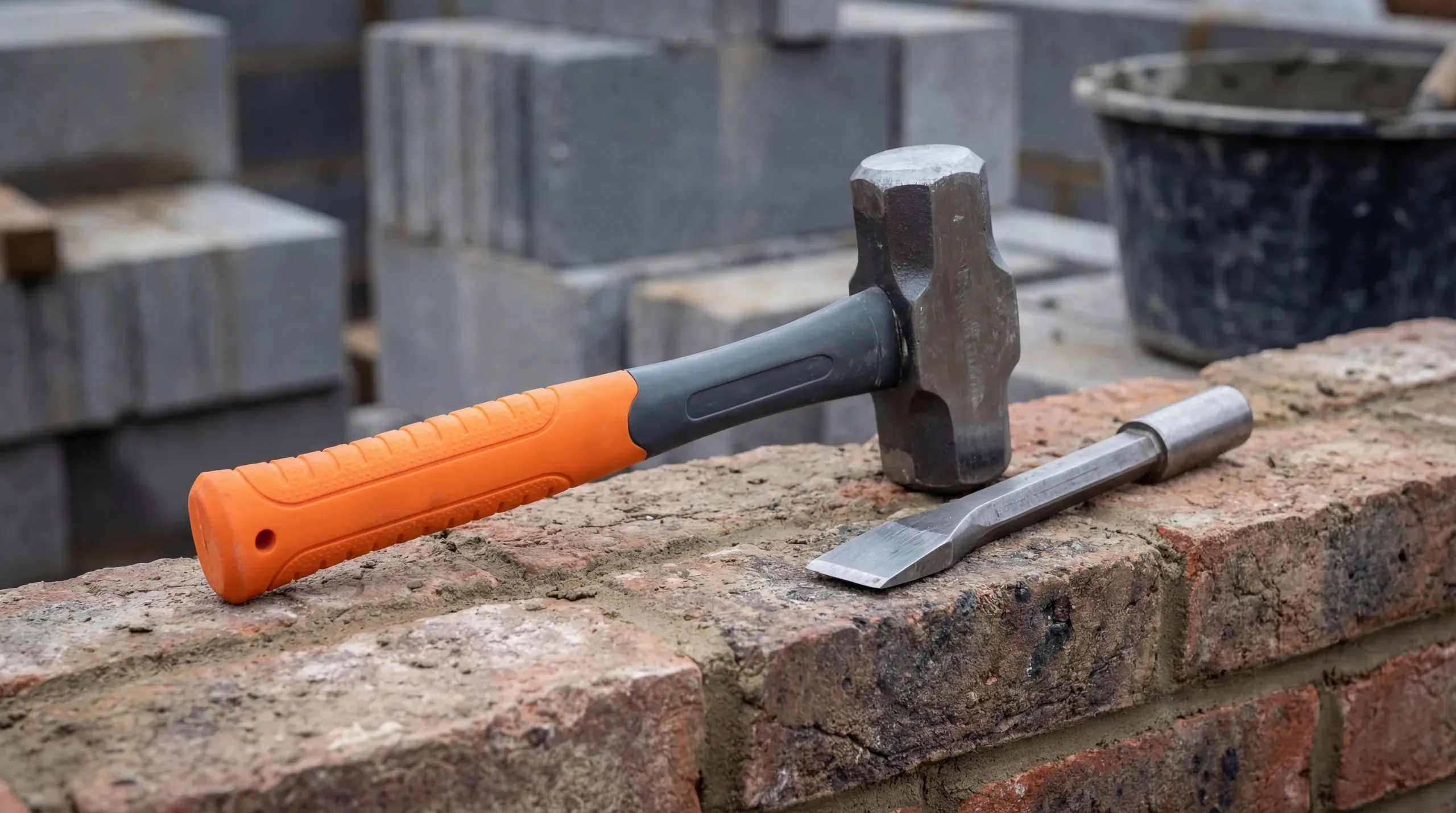 A 2.5lb club hammer with fibreglass handle resting on a brick wall alongside a bolster chisel, on a construction site