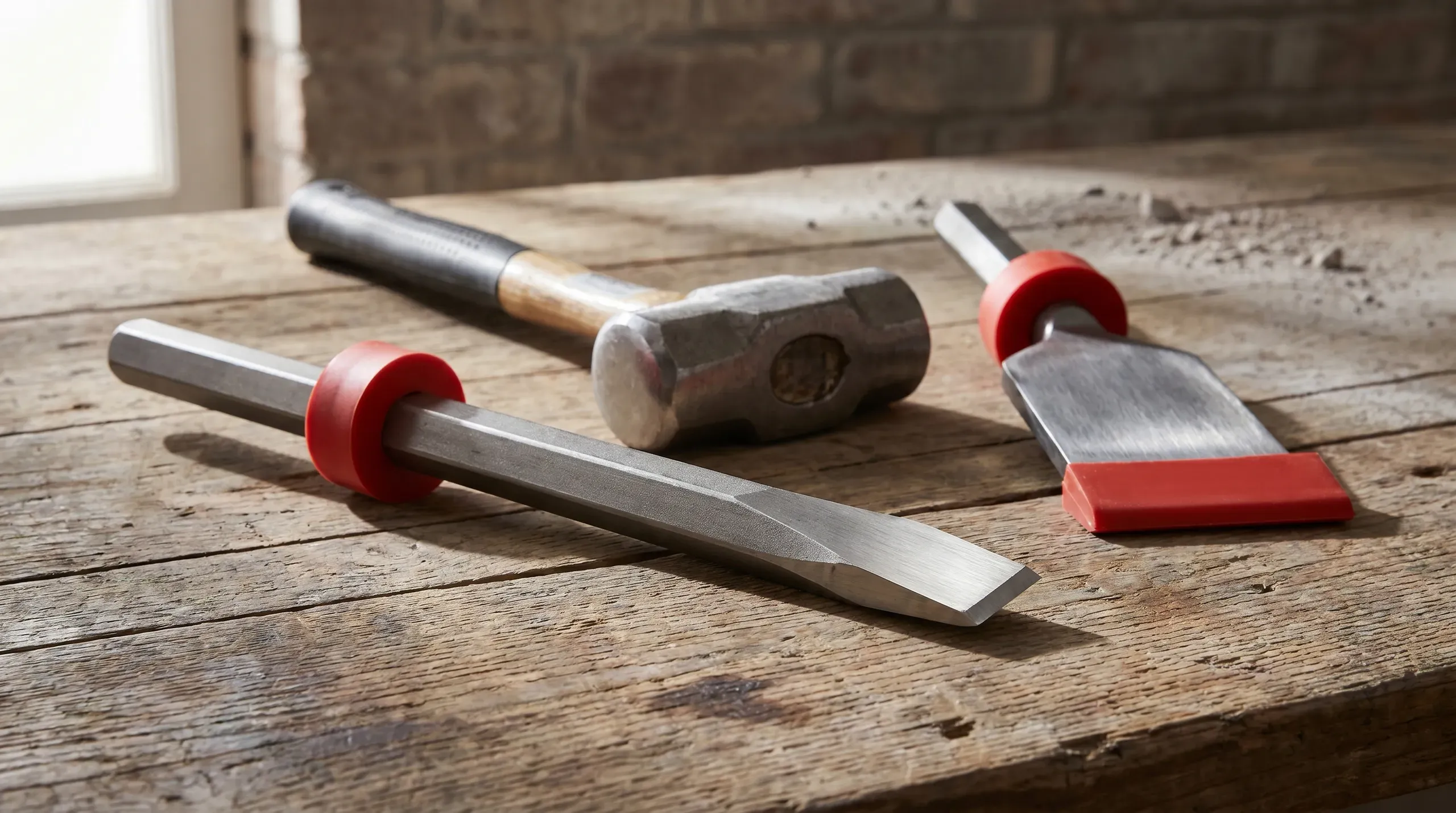 A guarded cold chisel and 2.5lb club hammer resting on a brick wall, with a bolster chisel alongside for scale, on a construction site workbench