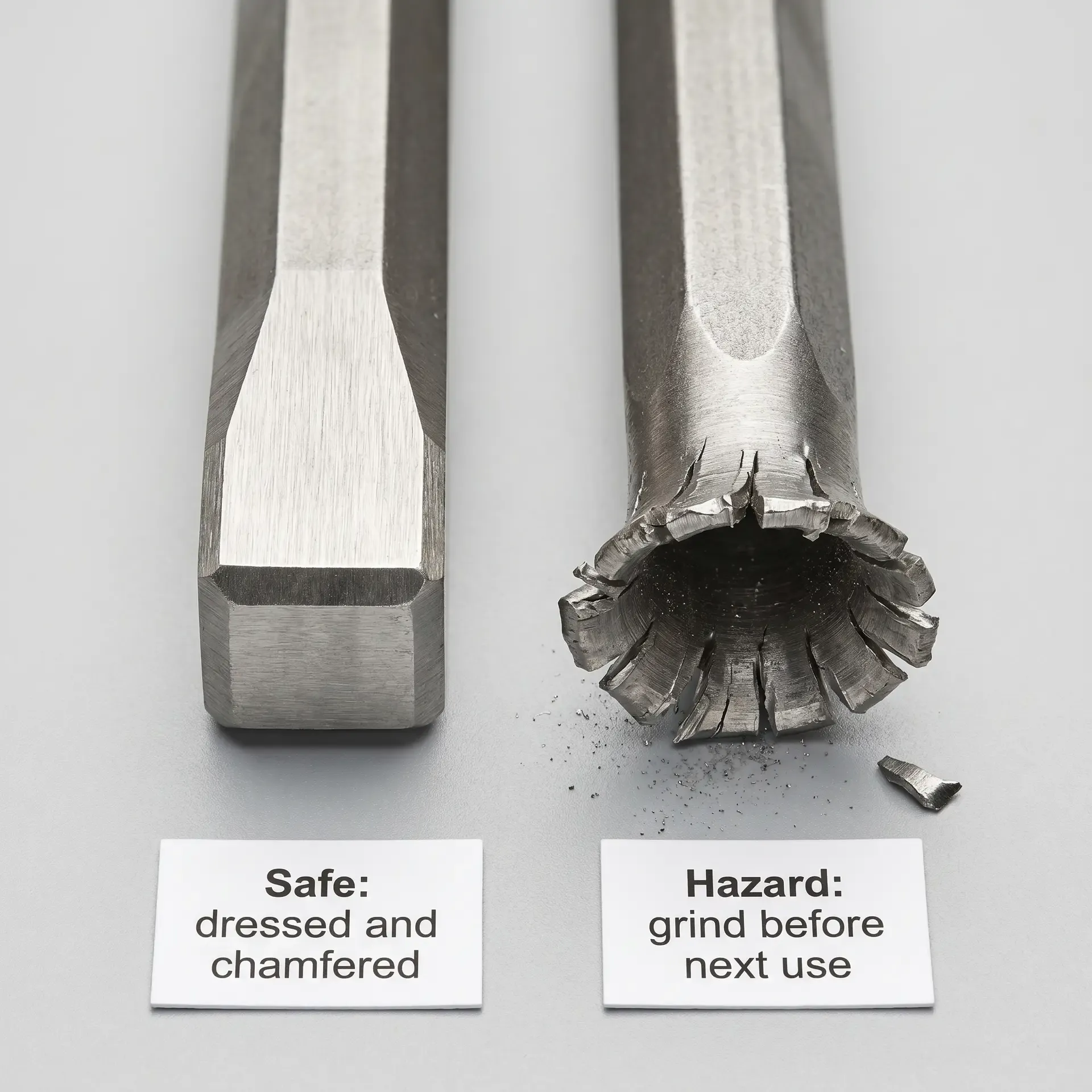 Two cold chisel striking heads side by side: the left shows a clean, flat, chamfered head labelled Safe; the right shows a heavily mushroomed head with metal flaring outward and visible cracks, labelled Hazard