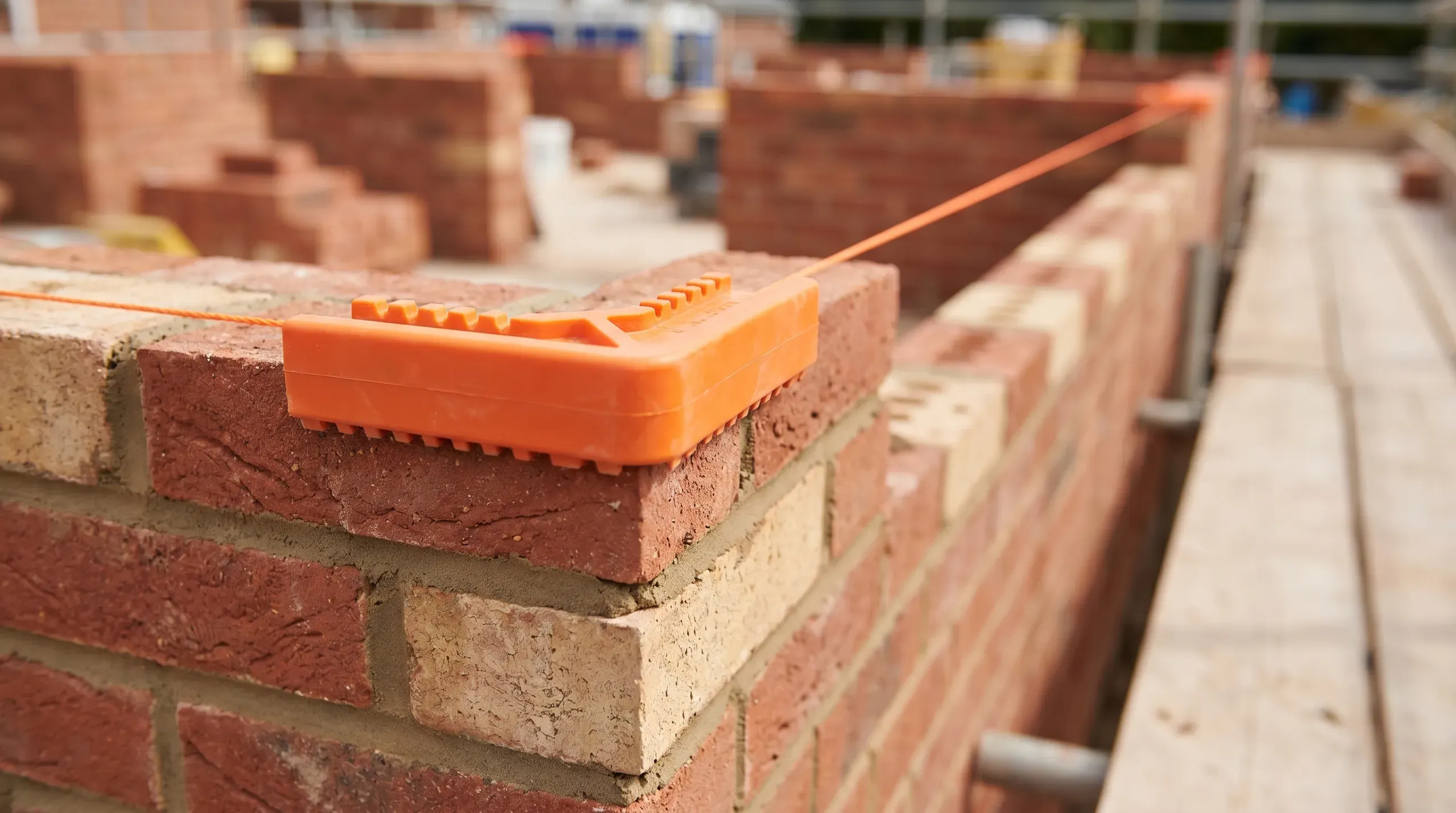 A pair of bright orange rubberised corner blocks clipped over a freshly built brick quoin, with a taut builder's line running off into the distance along a new course of bricks