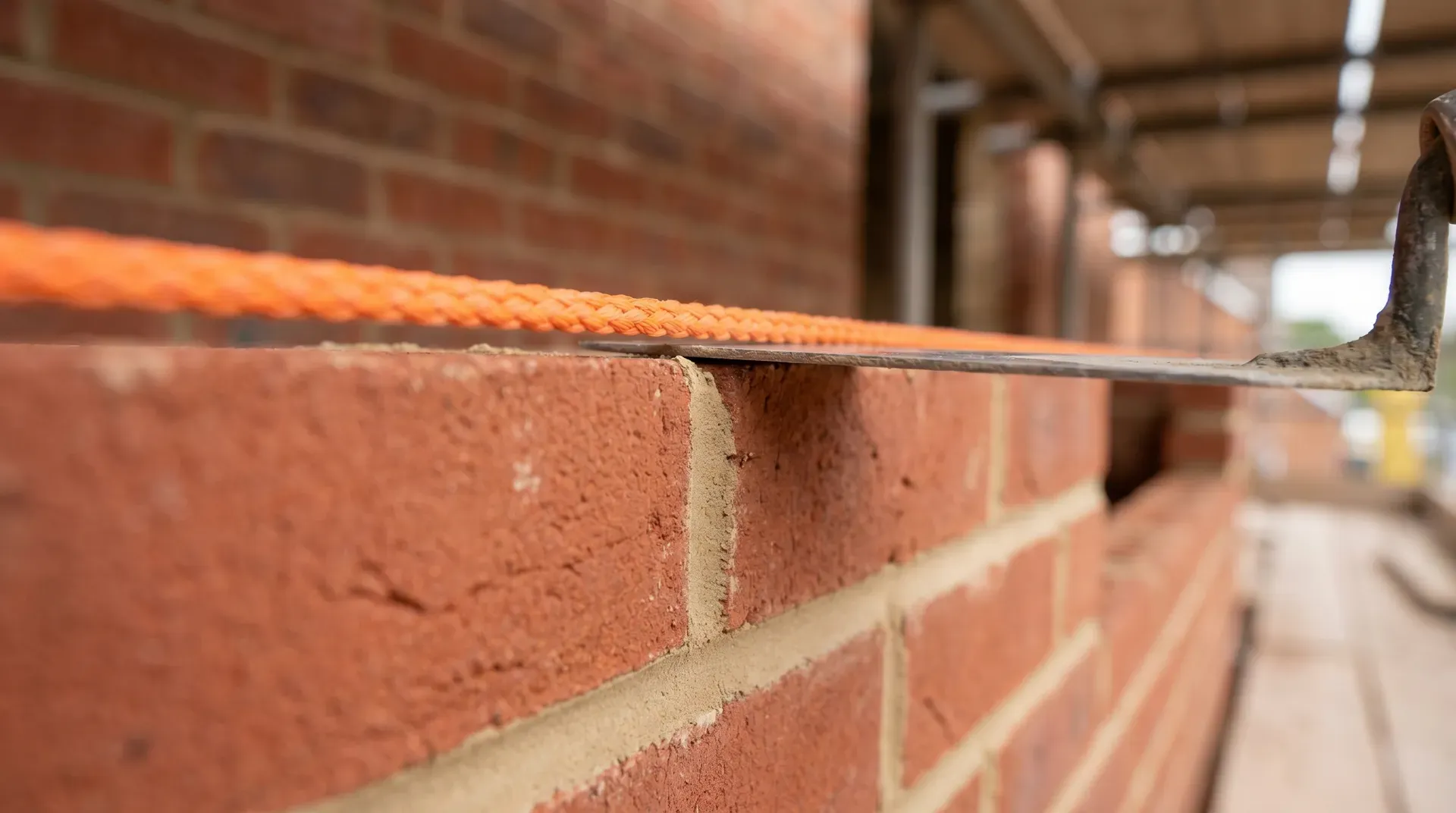 Close-up side-on view of two freshly laid red bricks with a taut orange builder's line stretched horizontally in front of the brick arris. A trowel blade is placed edge-on in the 1-2mm gap between the line and the brick face, demonstrating the correct no-touch clearance.
