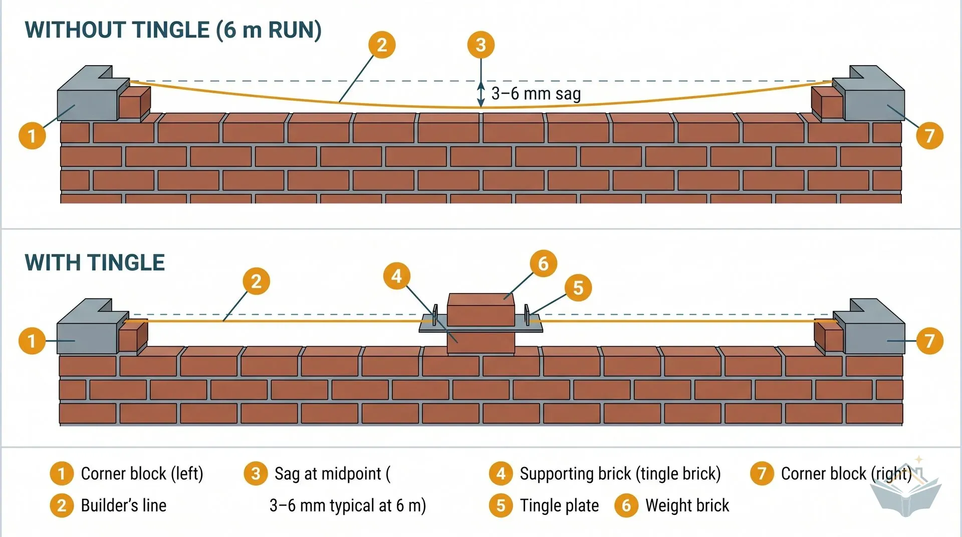 Two-panel technical diagram showing a 6-metre brick wall run in side elevation. The top panel, labelled 'Without tingle', shows the builder's line sagging visibly in the middle with a dimension annotation showing 3-6 mm of sag. The bottom panel, labelled 'With tingle', shows a supporting brick at the midspan with a thin metal tingle plate resting on it and a weight brick on top, holding the line level at the correct reference height.