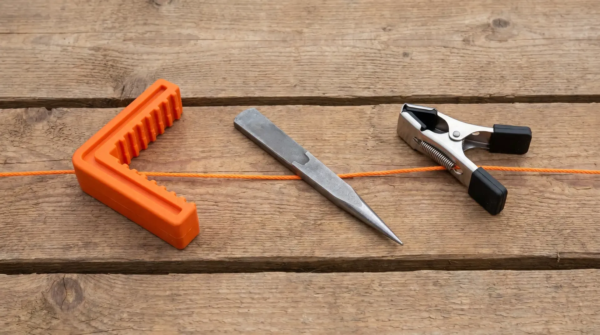 Three bricklaying line-holding tools arranged on weathered timber boards: an orange rubberised corner block on the left, a steel line pin in the centre, and a spring-clip brick line runner on the right, with the same orange braided nylon builder's line threaded through all three.