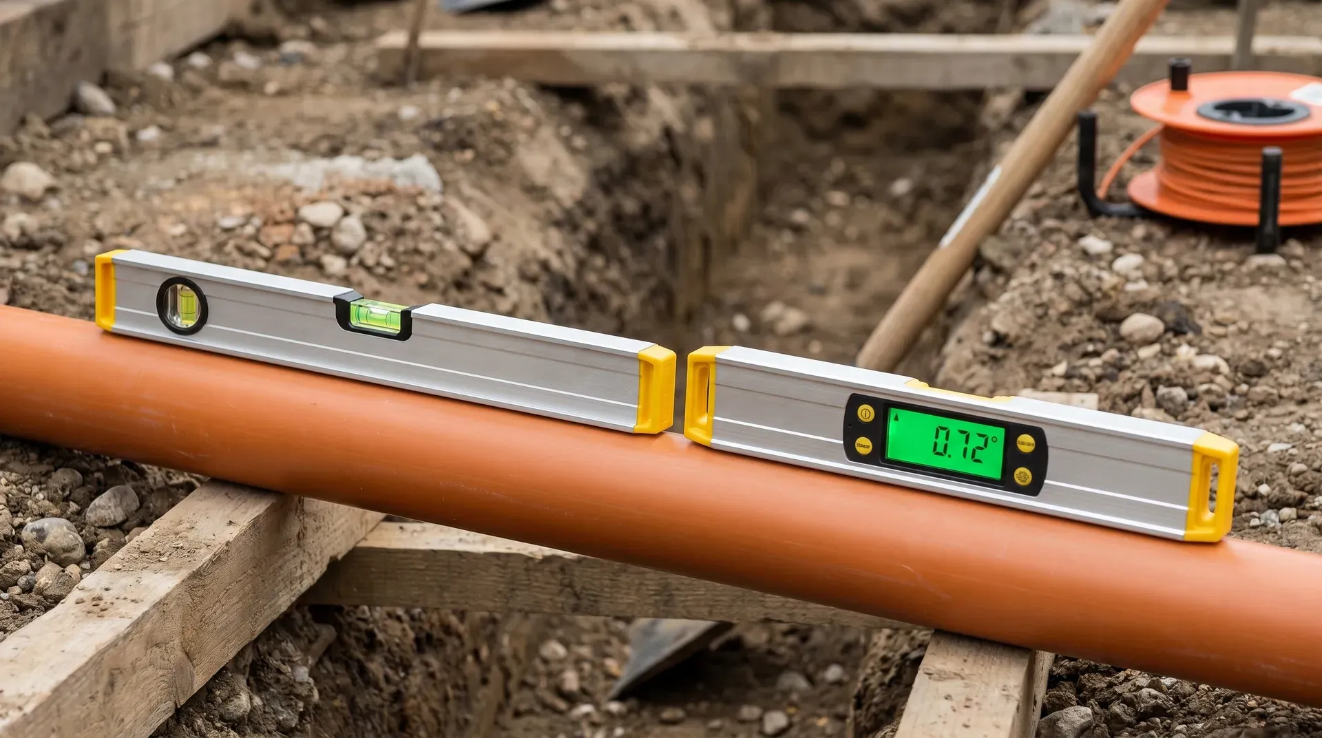 Two spirit levels side-by-side on a 110mm plastic soil pipe at a shallow fall: a traditional bubble level on the left with the bubble visibly off-centre, and a digital spirit level on the right with its LCD displaying 0.72 degrees in green backlit digits, illustrating the precision difference between the two tools.