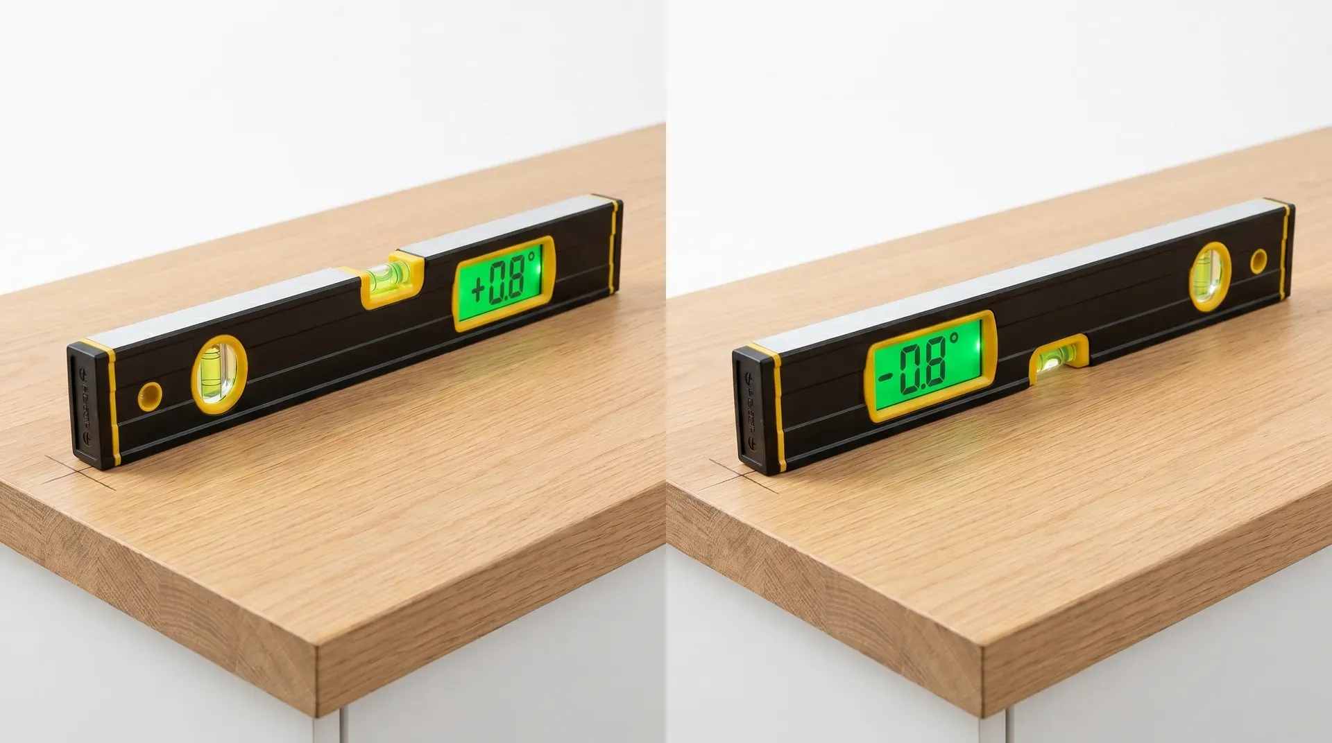 Side-by-side diptych of a digital spirit level on a light oak worktop. Left: the level shows +0.8 degrees on its LCD with a pencil mark at the left end. Right: the level rotated 180 degrees end-for-end on the same spot shows -0.8 degrees, with the pencil mark in the same position, demonstrating a correctly calibrated sensor.