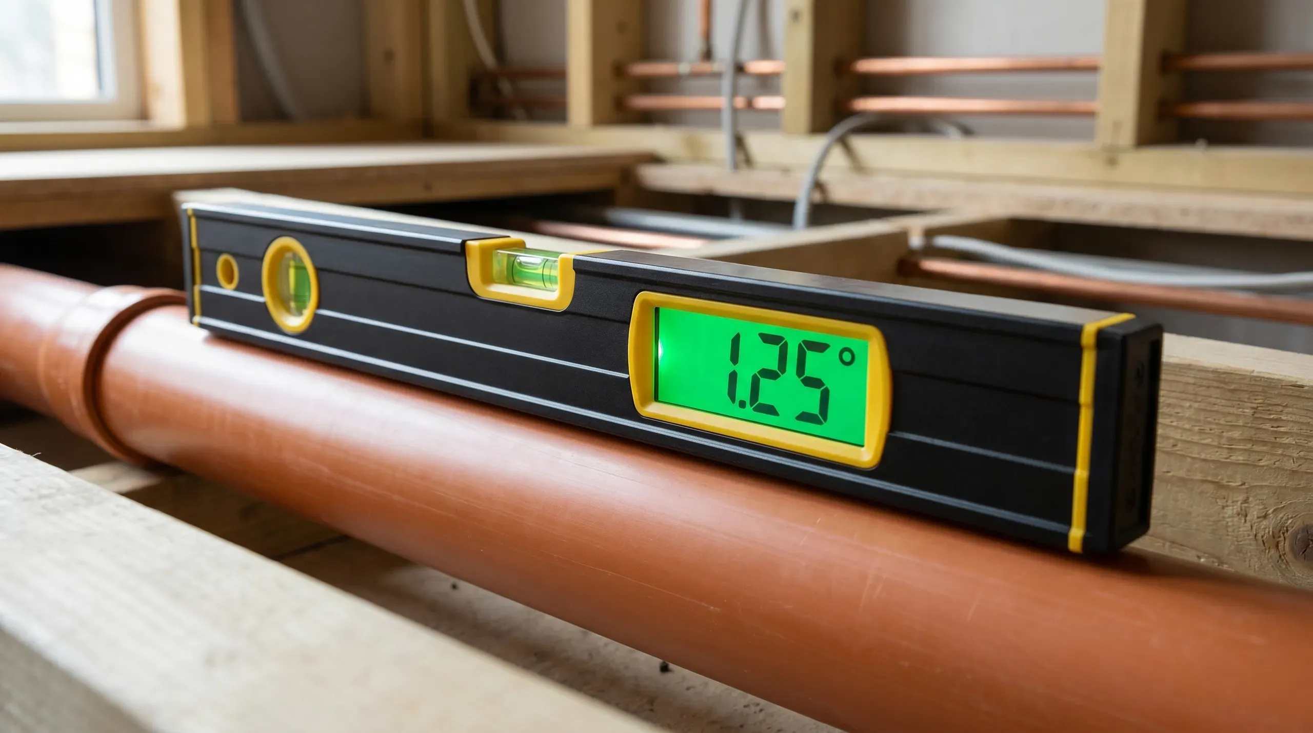 A digital spirit level resting on a 110mm soil pipe inside a joist void, its green LCD screen showing a 1.25 degree reading alongside a traditional bubble vial
