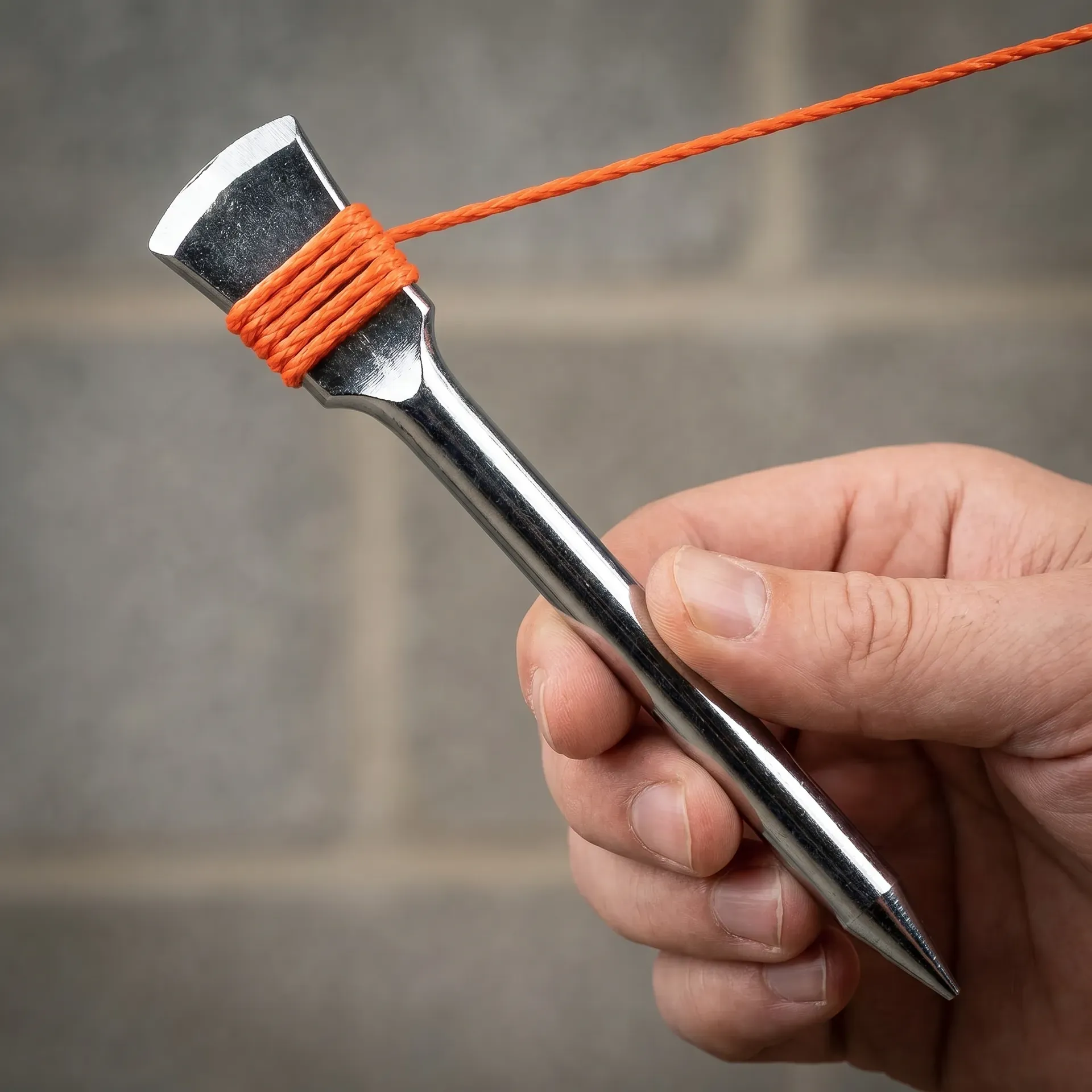 A single chrome-plated steel bricklayers line pin held at an angle, showing the forged shaft, tapered point, and wide head with an orange builder's line wrapped three times around it, against a blurred blockwork background.