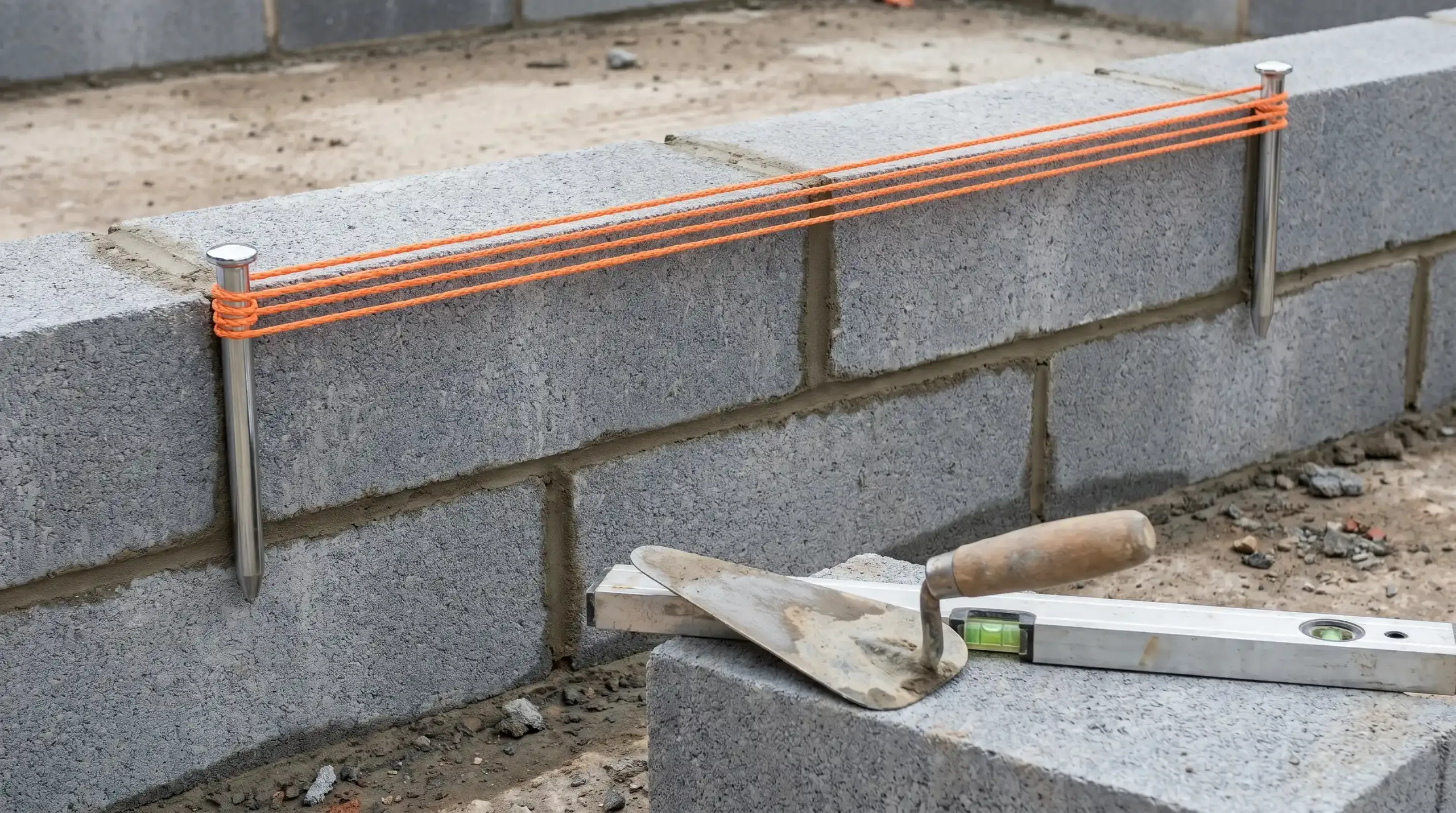 Two steel bricklayers line pins driven into the perpend joints of a blockwork wall with an orange builder's line stretched taut between them
