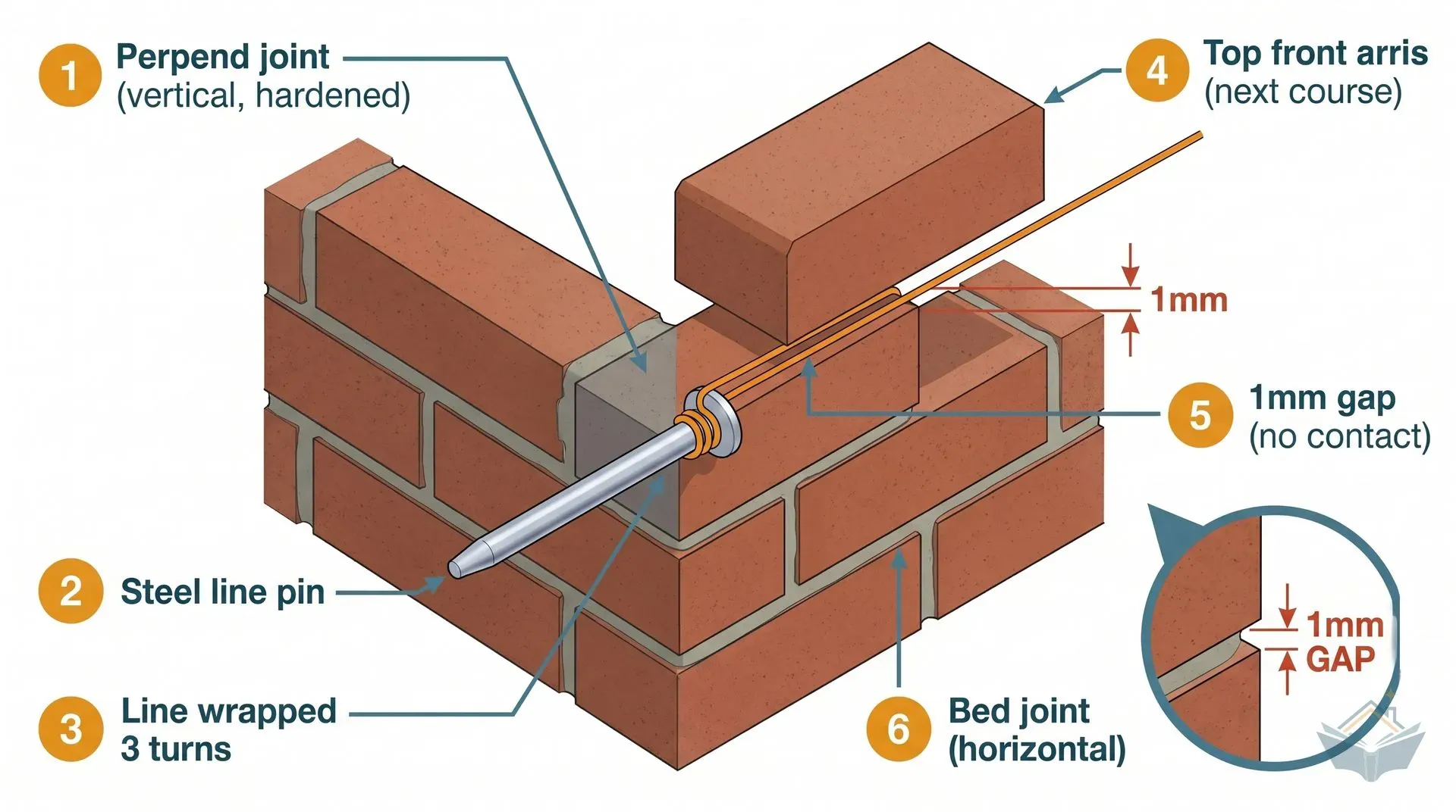 Isometric cutaway diagram of a brick wall corner showing a chrome steel line pin driven into the perpend (vertical) mortar joint, with an orange builder's line wrapped three turns around the pin head. A brick being laid in the course above sits with its top front arris just behind the line, with a clearly dimensioned 1mm gap between the brick face and the string. Six numbered callouts identify the perpend joint, steel pin, line wrapping, top front arris, 1mm gap, and bed joint.