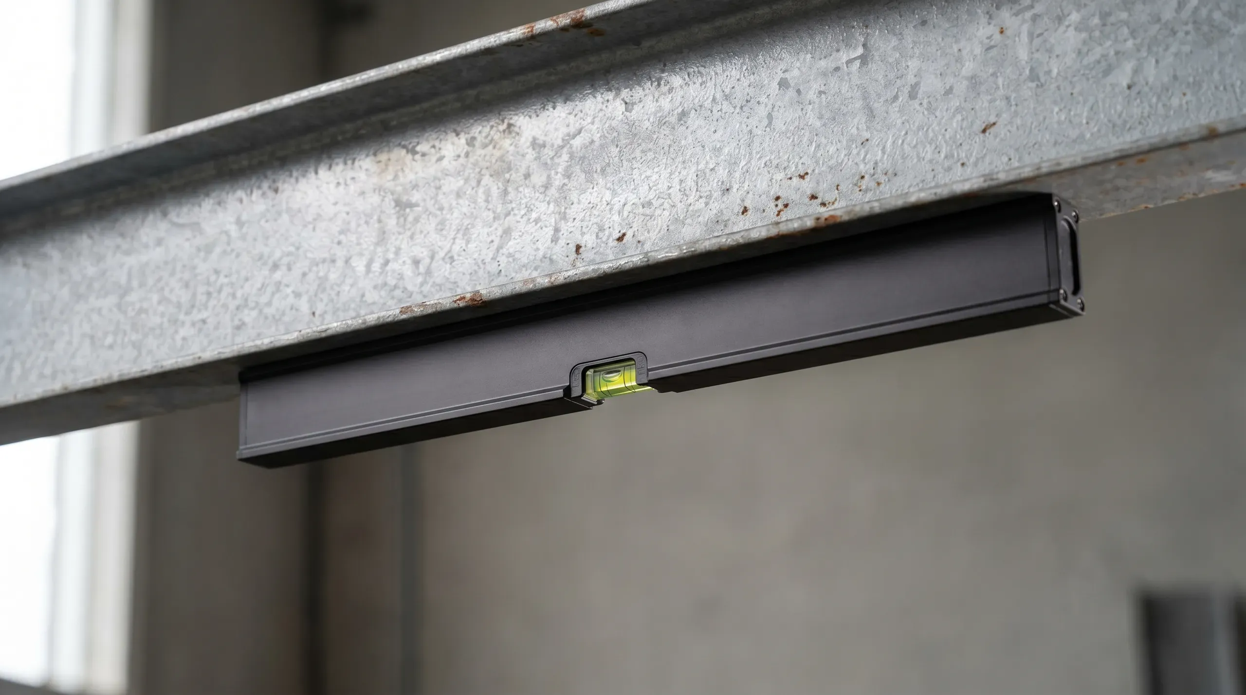 A 600mm magnetic spirit level clinging hands-free to the underside of a horizontal steel lintel with the bubble centred between the reference lines