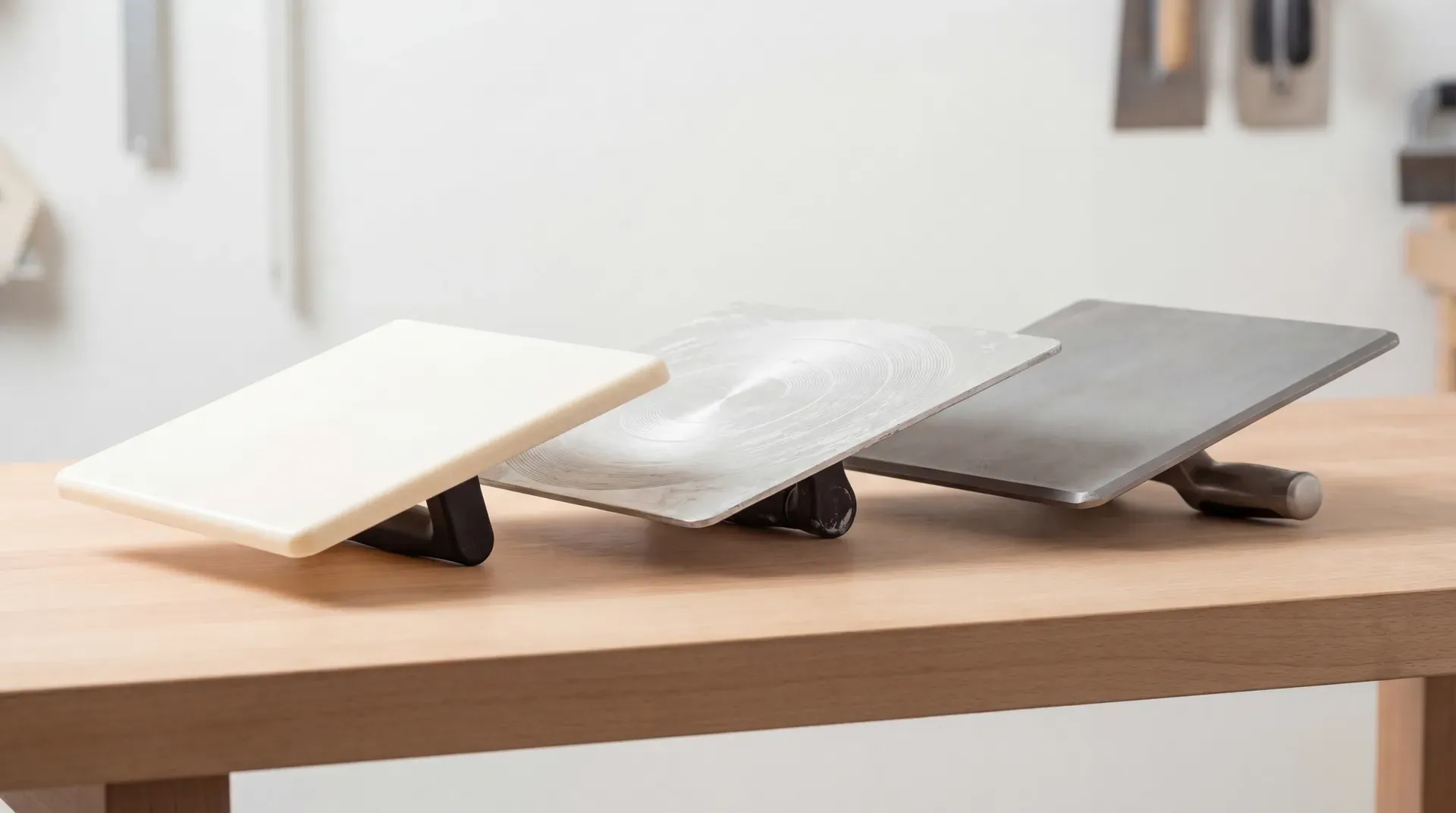 Three 13-inch plastering hawks side by side on a workbench: a white plastic hawk on the left, a silver aluminium hawk with concentric grip rings in the centre, and a darker grey magnesium hawk on the right.