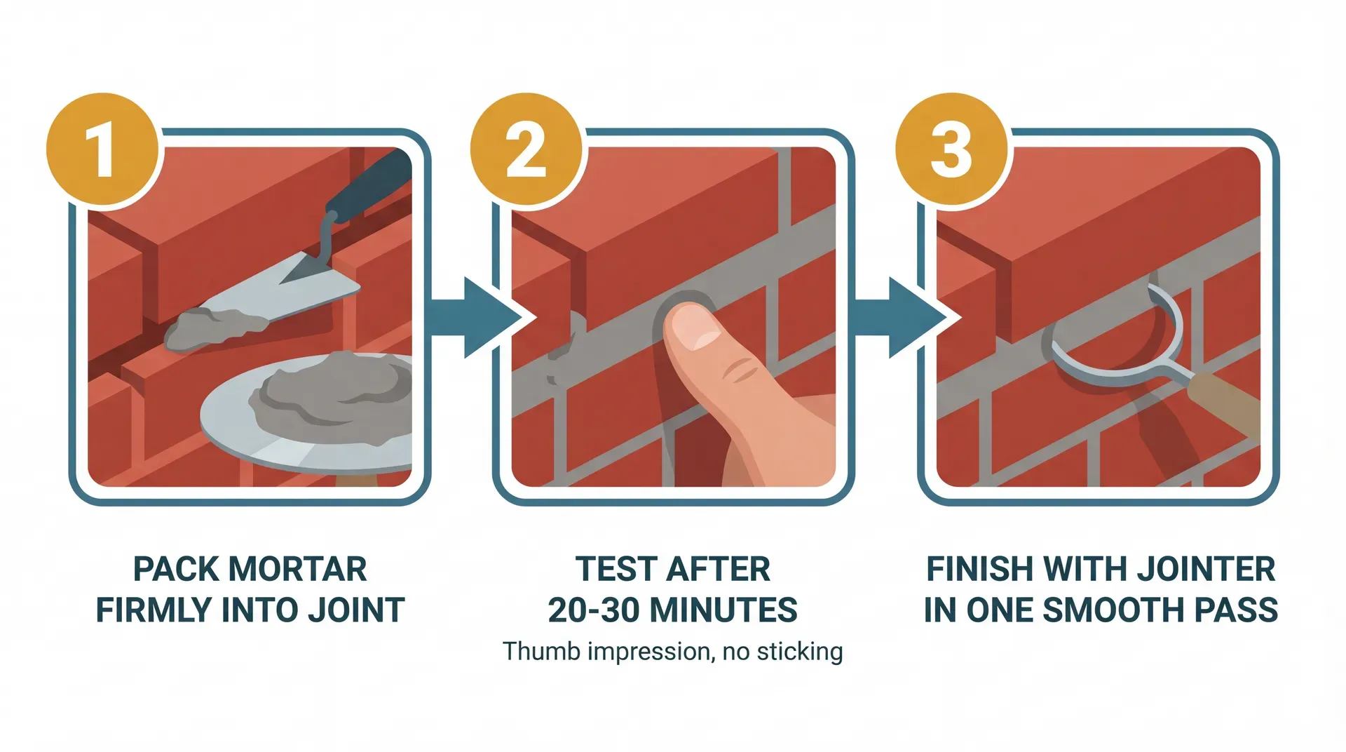 Three-step infographic showing the mortar joint pointing process: step 1 packing mortar into the joint with a trowel and hawk, step 2 testing readiness with a thumb press after 20-30 minutes, step 3 finishing with a curved jointer in one smooth pass to create a concave bucket-handle profile.