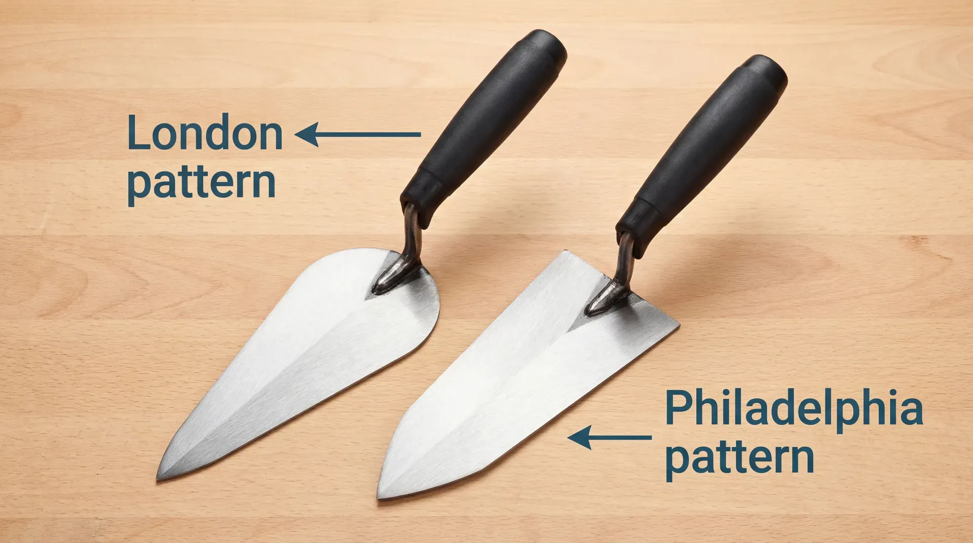 Two pointing trowels side by side on a wooden workbench, showing the rounded heel of the London pattern on the left and the square heel of the Philadelphia pattern on the right, both with soft-grip handles.
