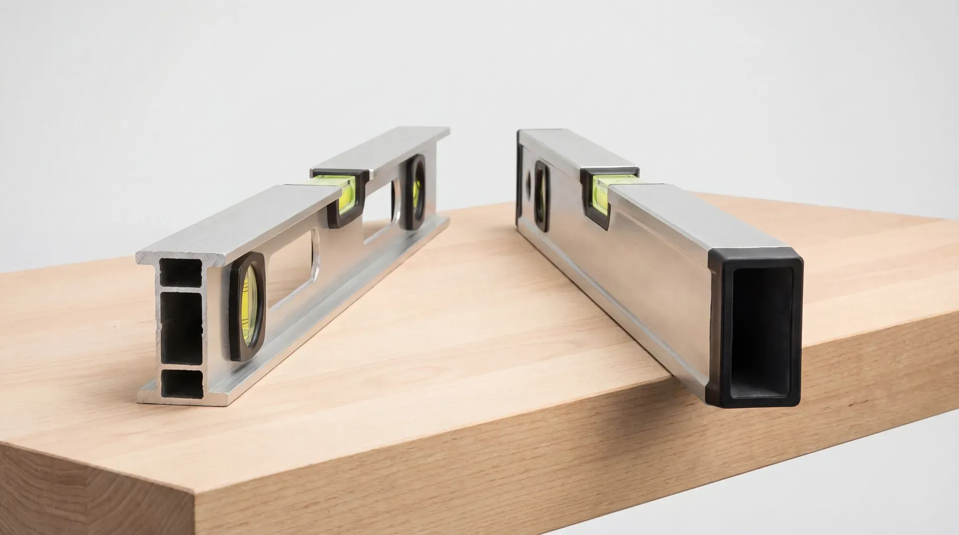 Side-by-side comparison of an I-beam spirit level and a box-beam spirit level, both angled to show their end profiles. The I-beam shows an H-shaped cross-section while the box-beam shows a closed rectangular profile, illustrating the structural difference between budget and quality level construction.