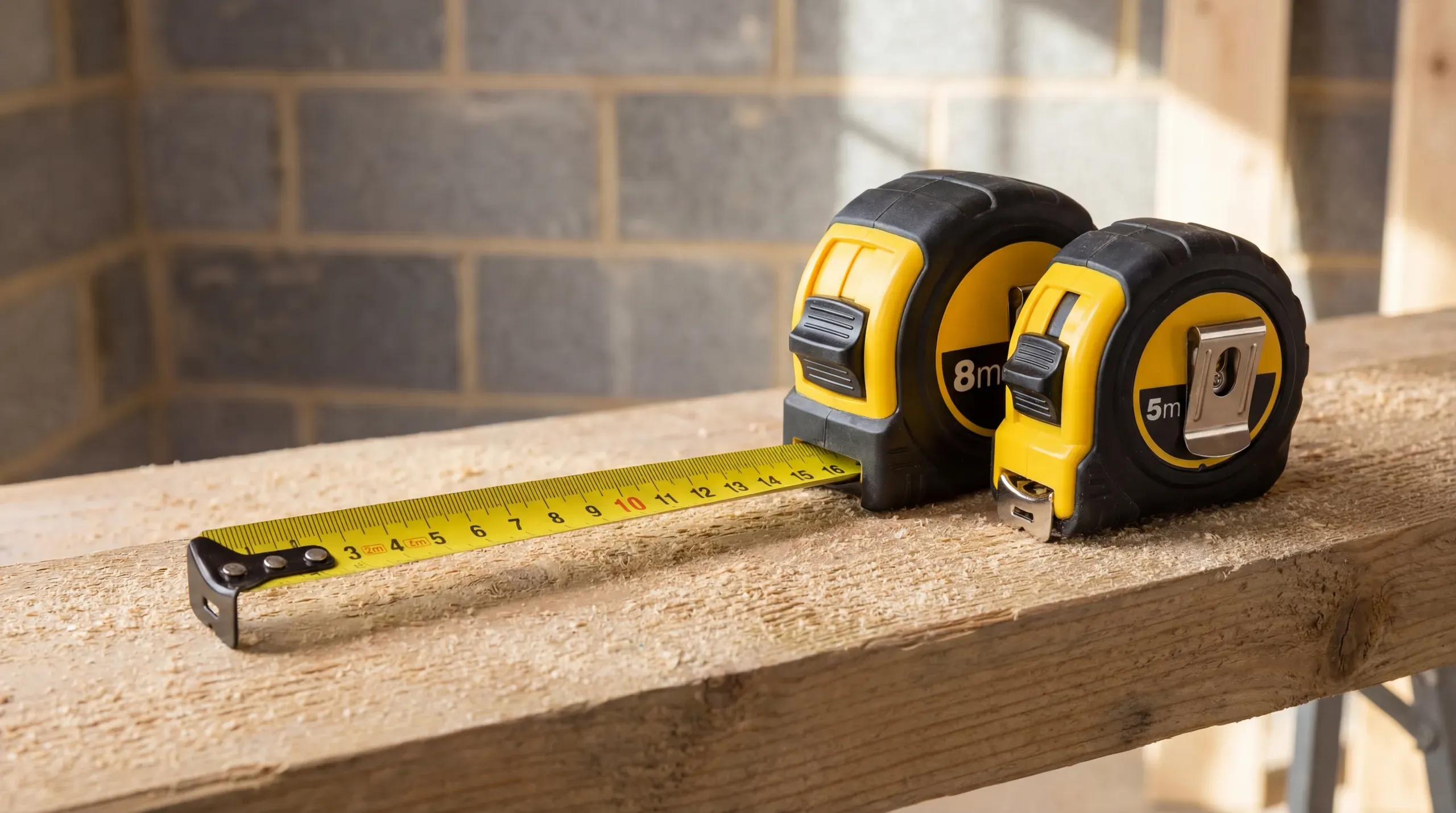 A Stanley FatMax 8m tape measure extended across a construction workbench alongside a 5m tape, showing the wide yellow blade with metric markings