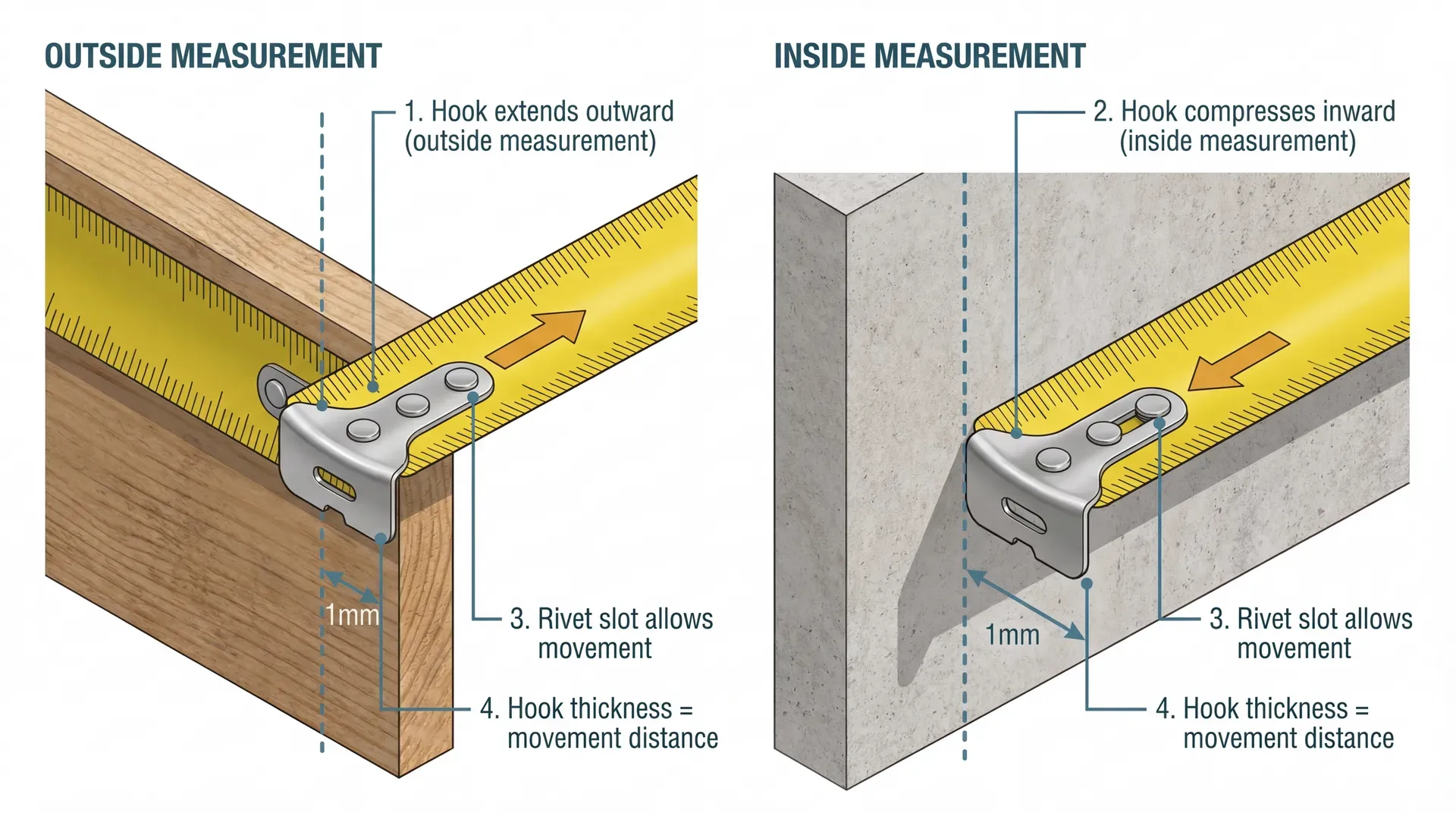 Two side-by-side technical diagrams showing how a tape measure hook compensates for its own thickness. The left diagram shows an outside measurement where the hook extends outward by 1mm as it catches on a board edge. The right diagram shows an inside measurement where the hook compresses inward by 1mm against an internal surface. Both diagrams label the rivet slot that allows this movement.