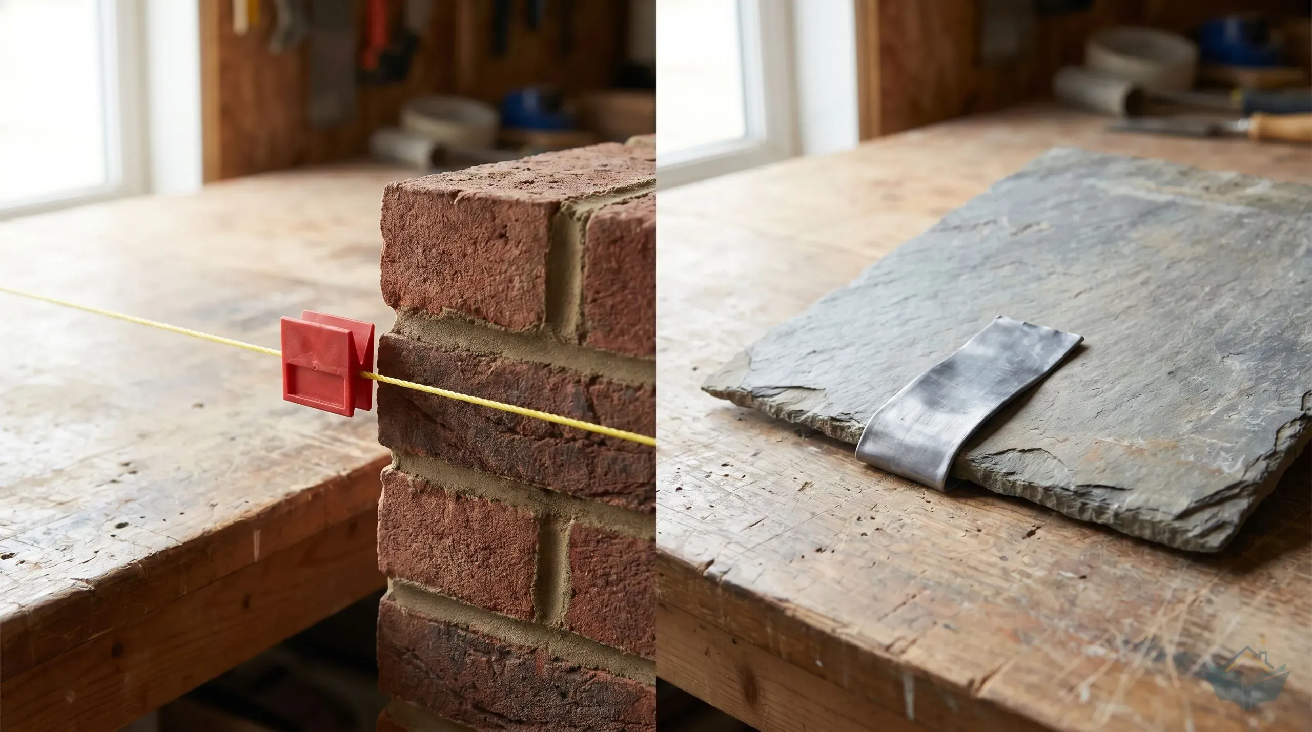 A bricklayer's line tingle clipped to a builder's line on the left side of a brick wall and a small lead roofing tingle holding a replacement slate on the right, showing both tool types side by side