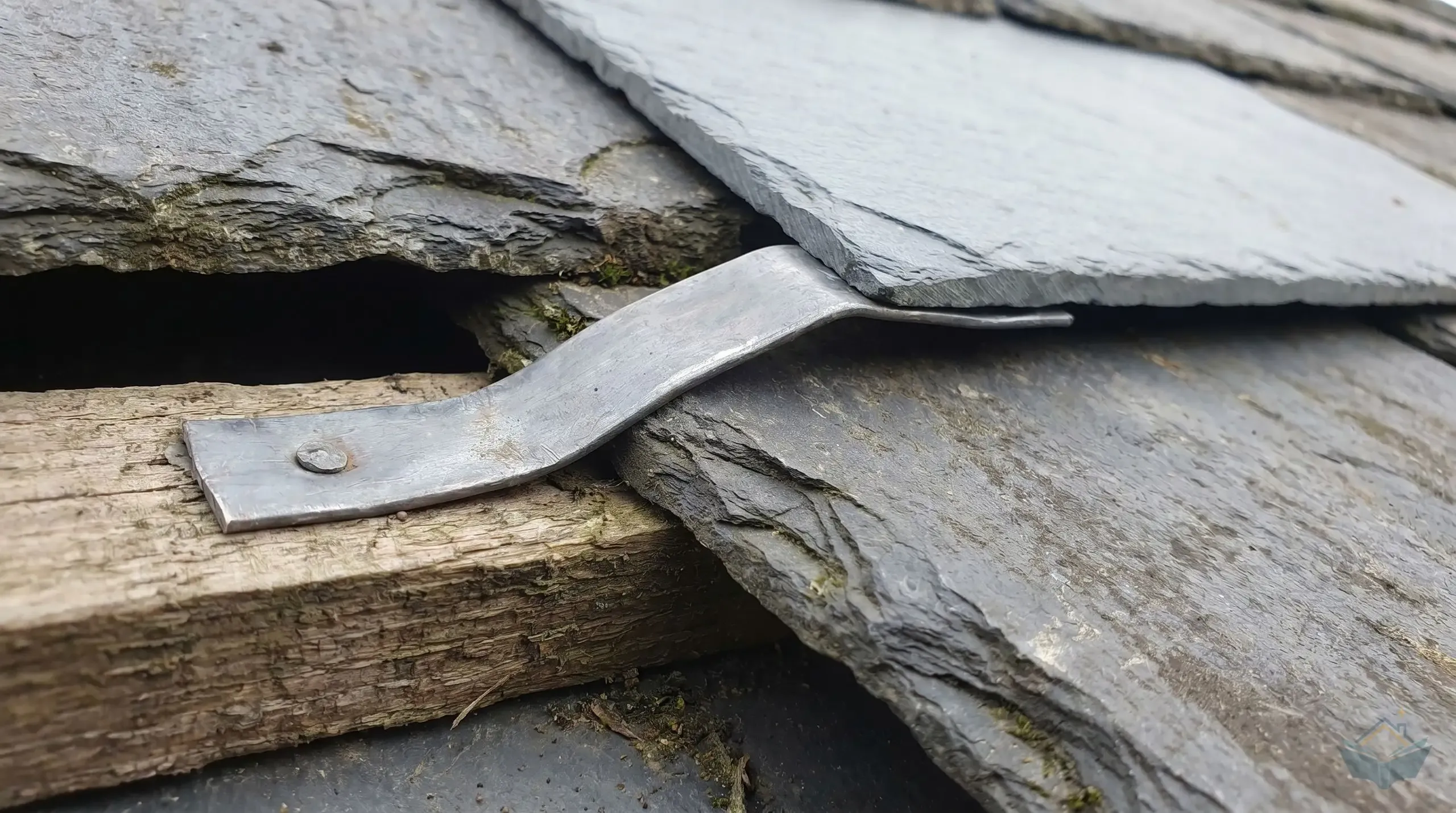 Cross-section diagram of a slate roof showing how a slate tingle works: a strip of lead nailed to a batten passes up between two existing slates, folds back over the bottom edge of a replacement slate, and grips it in place without disturbing the courses above