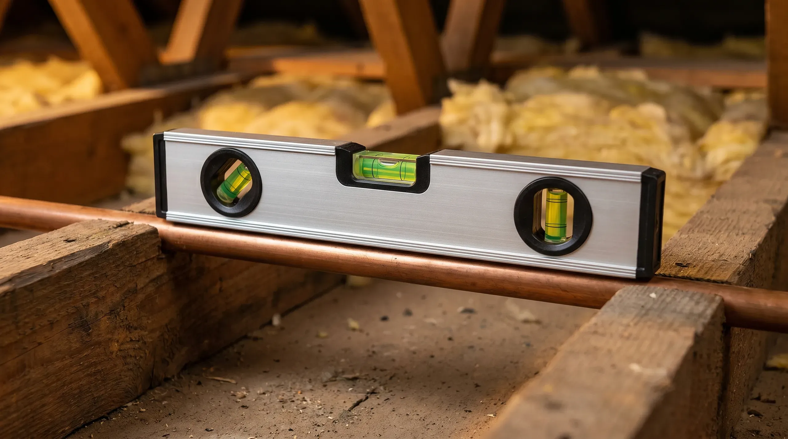 A magnetic torpedo spirit level clinging to a copper central heating pipe showing a slight gradient fall, photographed against a joist void background