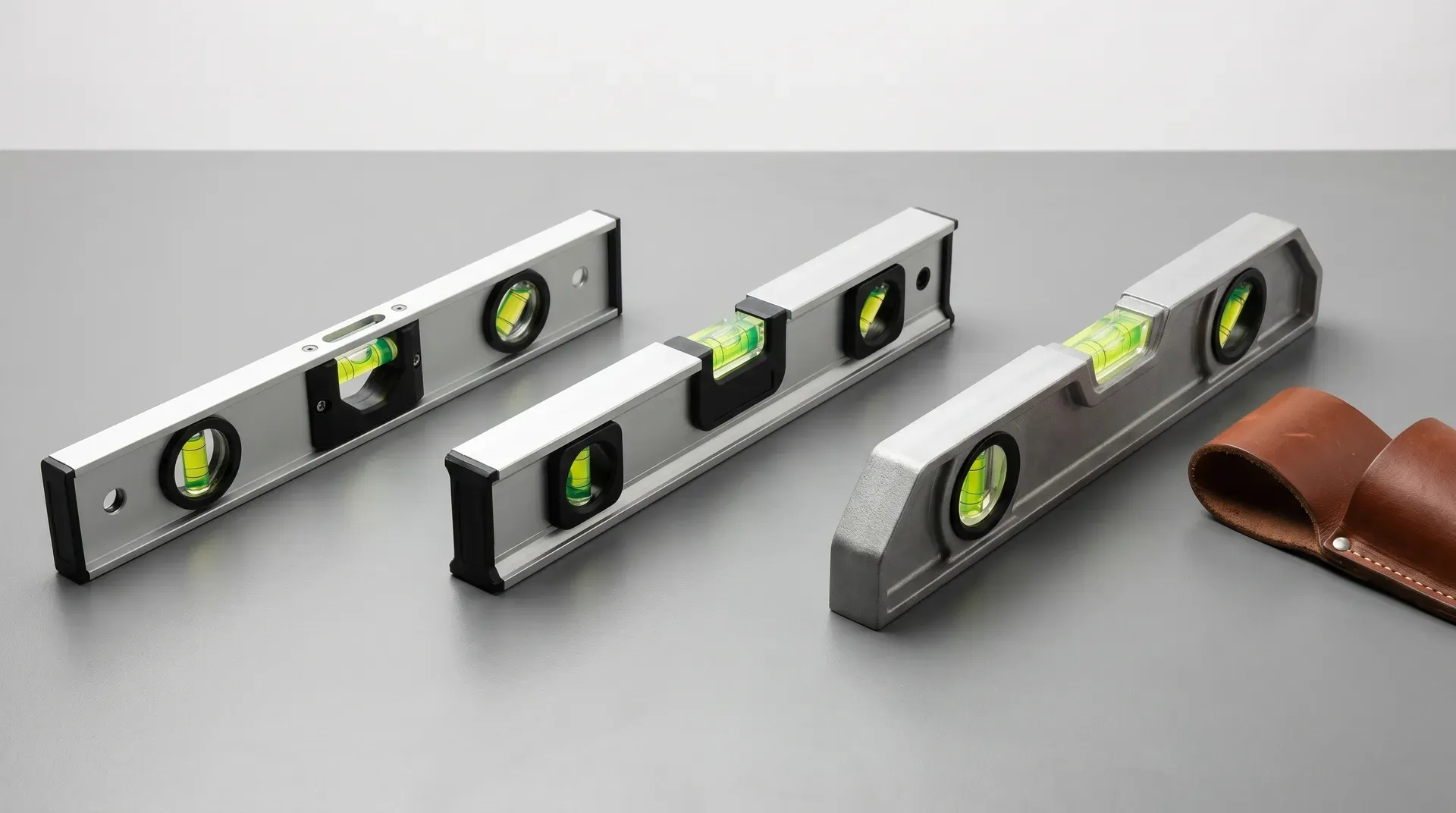 Three torpedo spirit levels laid side by side on a workshop bench, showing the visual differences between a basic budget torpedo with three vials, a mid-range aluminium box-section torpedo with V-grooved magnetic base, and a premium die-cast aluminium torpedo with a trapezoidal body profile and only two vials.