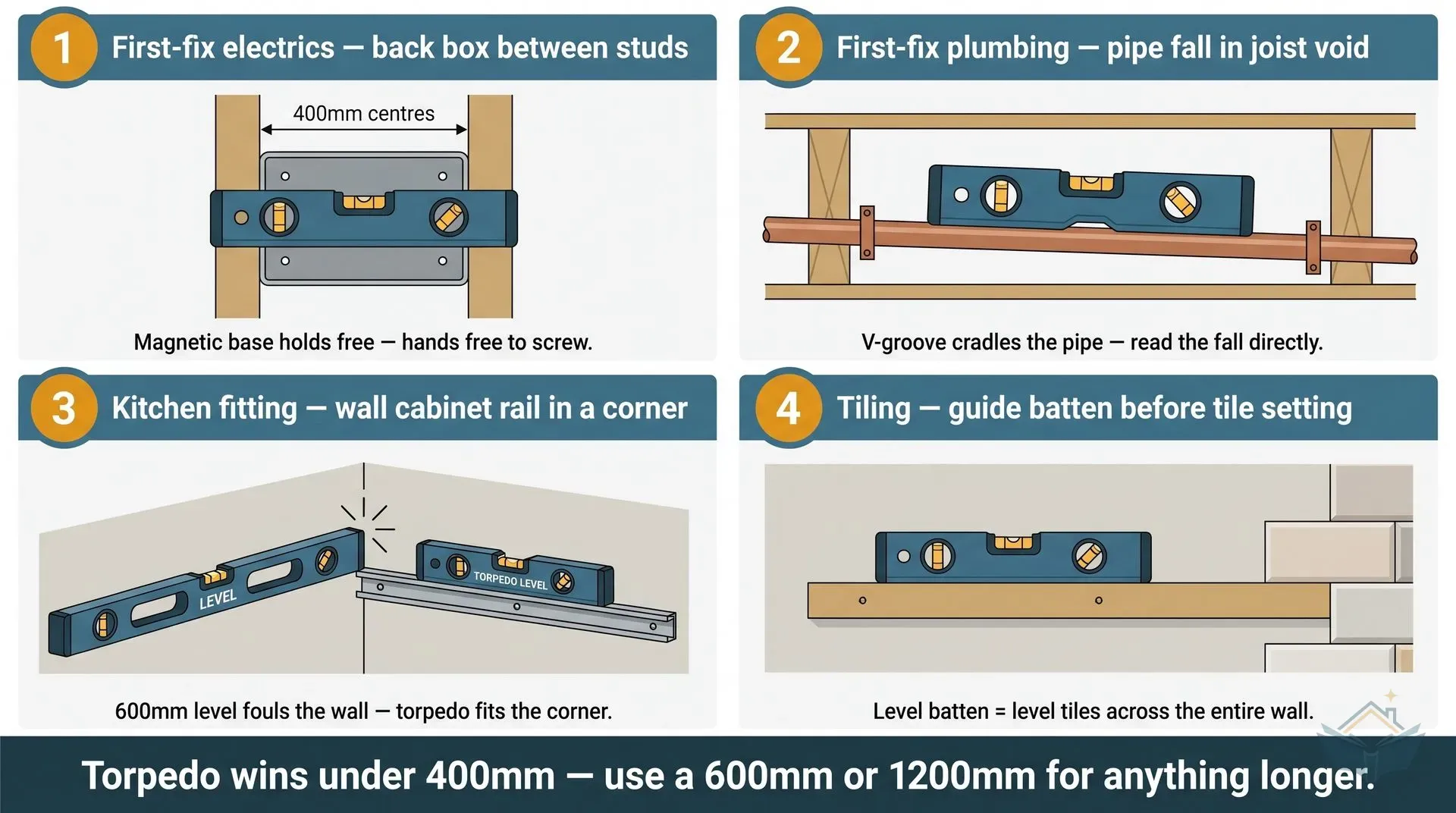 Four-panel infographic dashboard showing the four most common tight-spot uses for a torpedo level: a back box between timber studs with the torpedo magnetically clipped to it; a torpedo V-grooving a copper pipe in a joist void to read a fall; a torpedo on a kitchen wall-cabinet mounting rail in a tight corner; and a torpedo sitting on a horizontal tile guide batten. A bottom strip reads: Torpedo wins under 400mm; use a 600mm or 1200mm for anything longer.