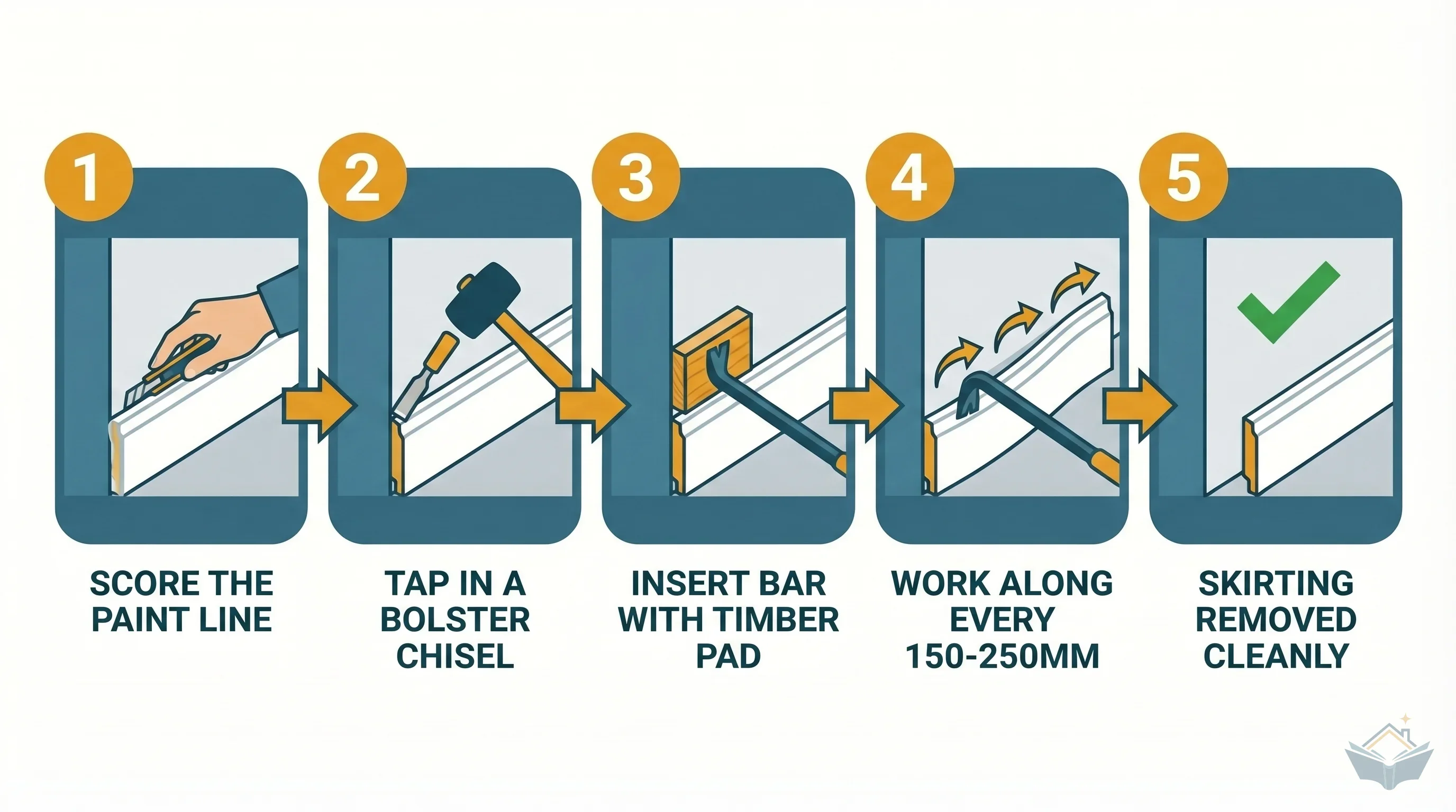 Five-step process diagram for removing skirting boards with a wrecking bar: step one score the paint line with a knife, step two tap a bolster chisel to create an initial gap, step three insert the wrecking bar with a timber offcut between bar and wall to protect plaster, step four work progressively every 150 to 250mm along the board, step five board removed cleanly with undamaged wall plaster visible.