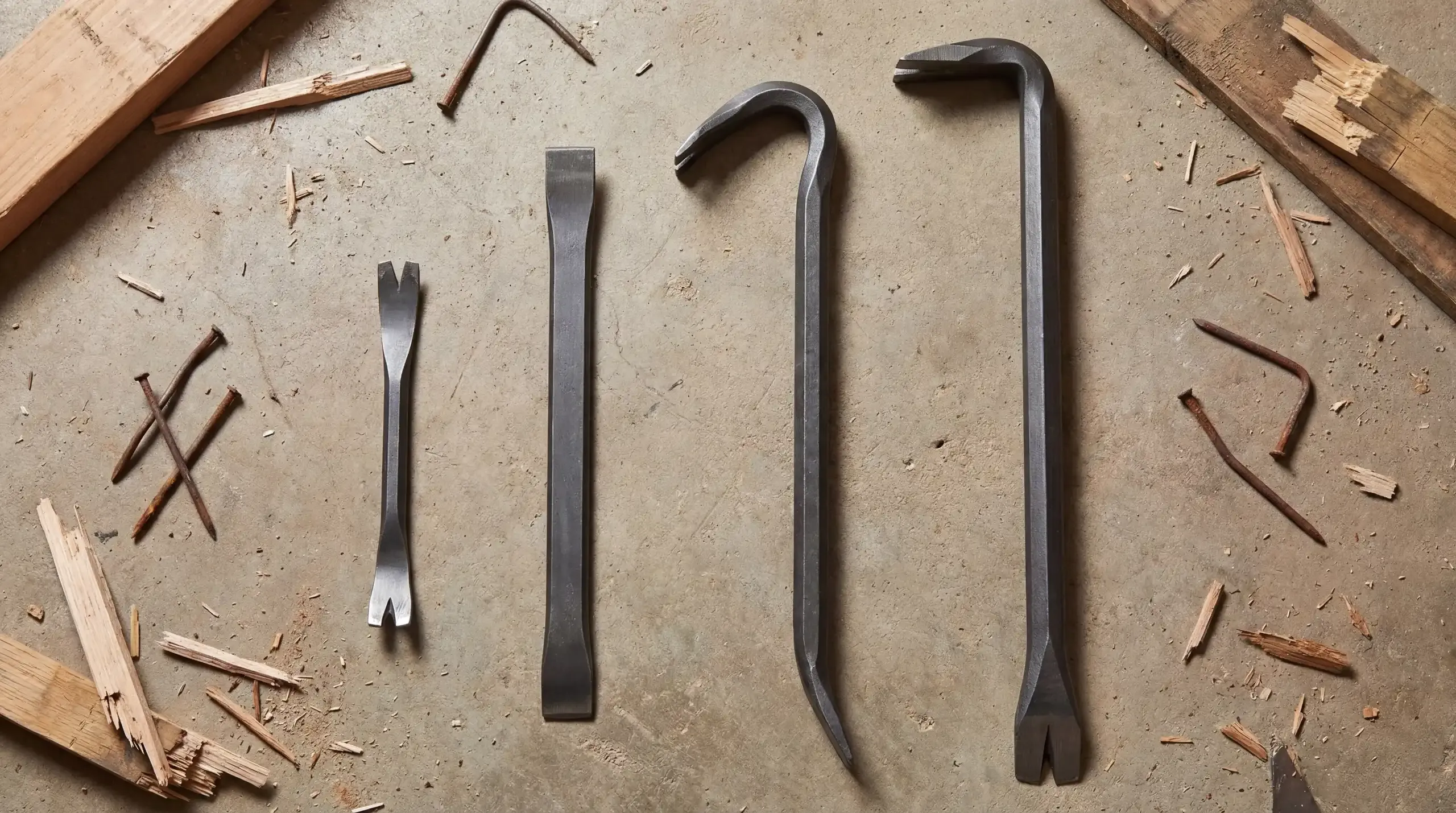 A selection of wrecking bars in different sizes laid out on a concrete floor alongside timber offcuts and pulled nails from a strip-out job