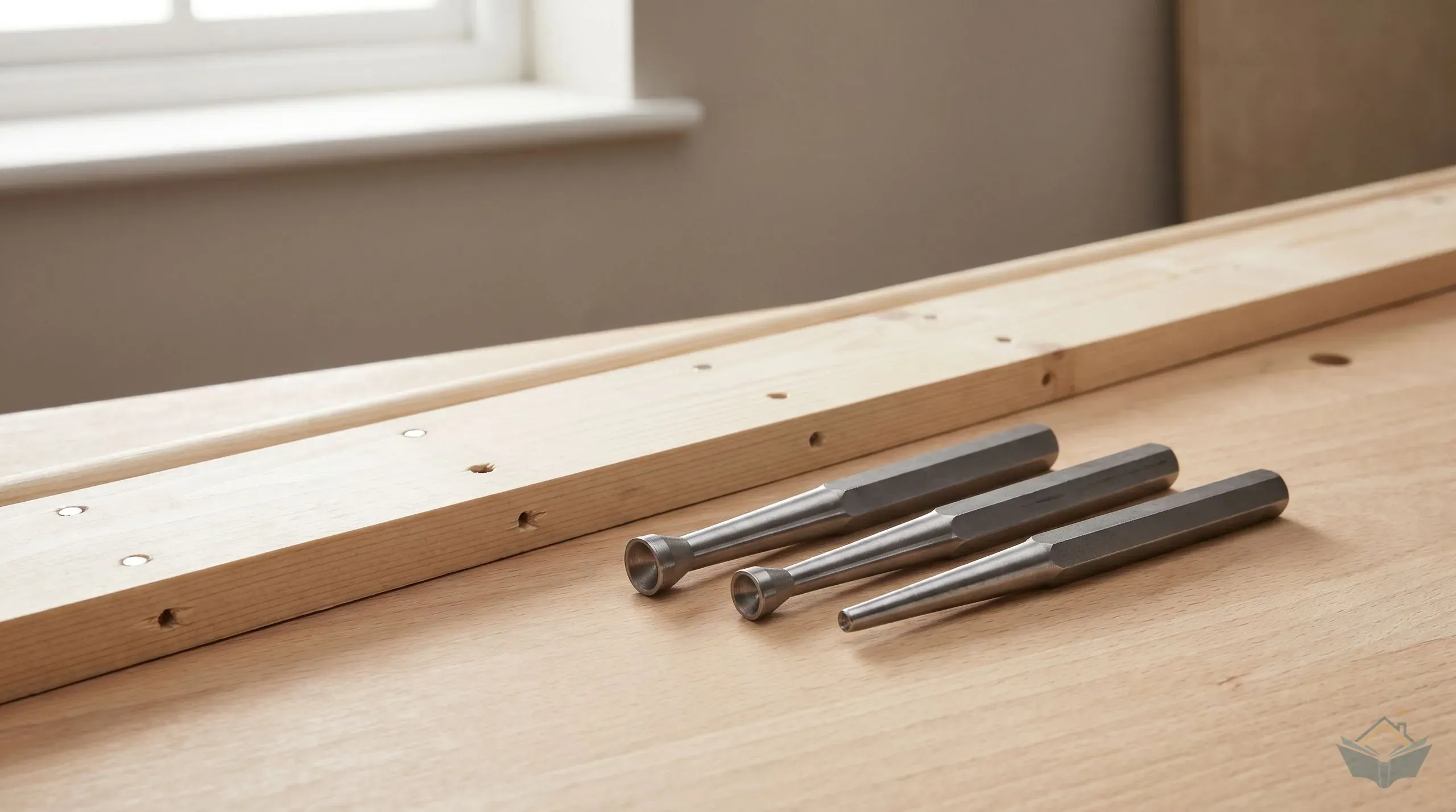 Three nail punches with hexagonal shanks and tapered cup tips alongside a strip of skirting board with sunk panel pins ready for filling