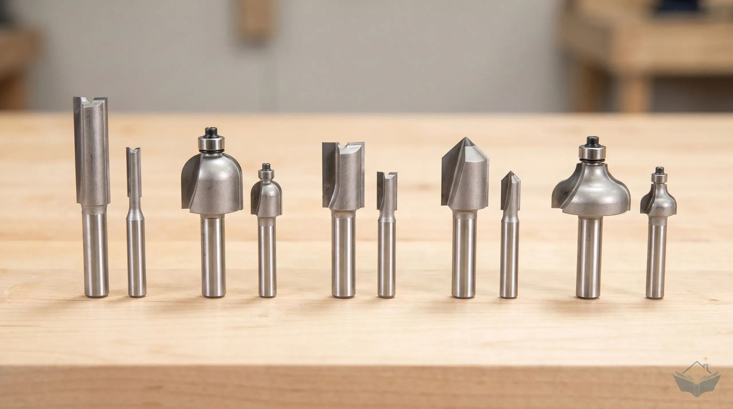 A row of TCT router bits laid out by profile type: straight cutter, roundover, rebate, chamfer, and ogee, with both 1/4 inch and 1/2 inch shank versions for scale