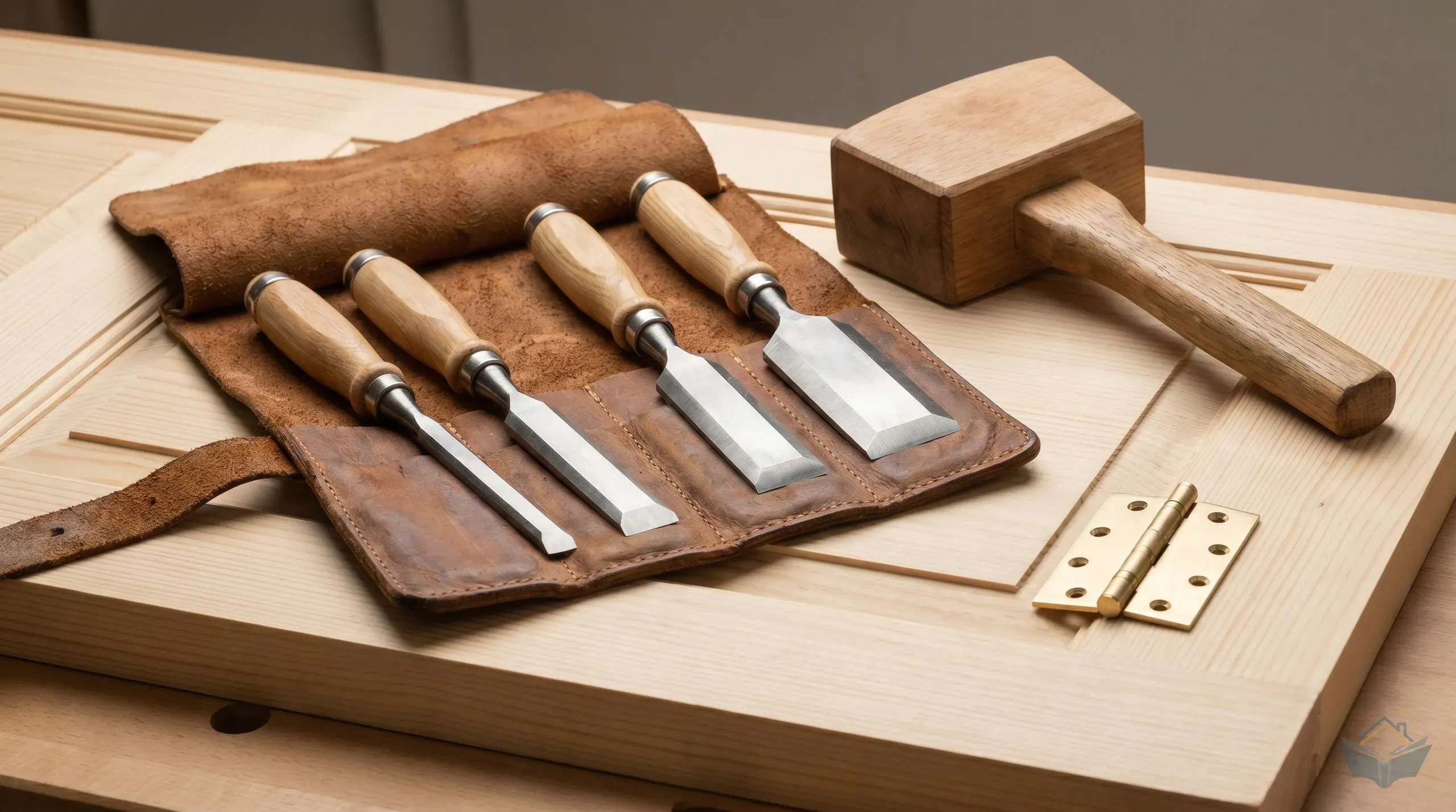 A set of four bevel-edge wood chisels in a leather roll laid out on a softwood door blank, with a wooden mallet and a fitted brass butt hinge alongside