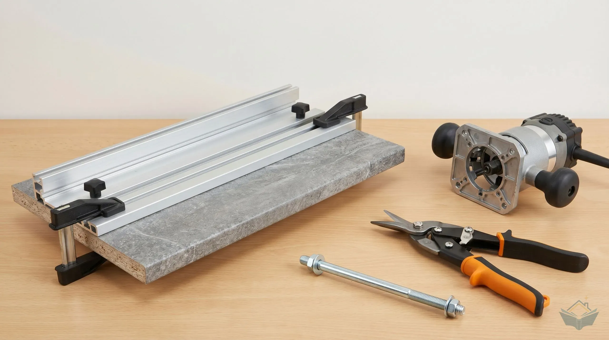 A Trend KWJ900 worktop jig clamped to a laminate kitchen worktop offcut alongside a 1/2 inch shank router, a male and female mitre cutter, and a worktop bolt
