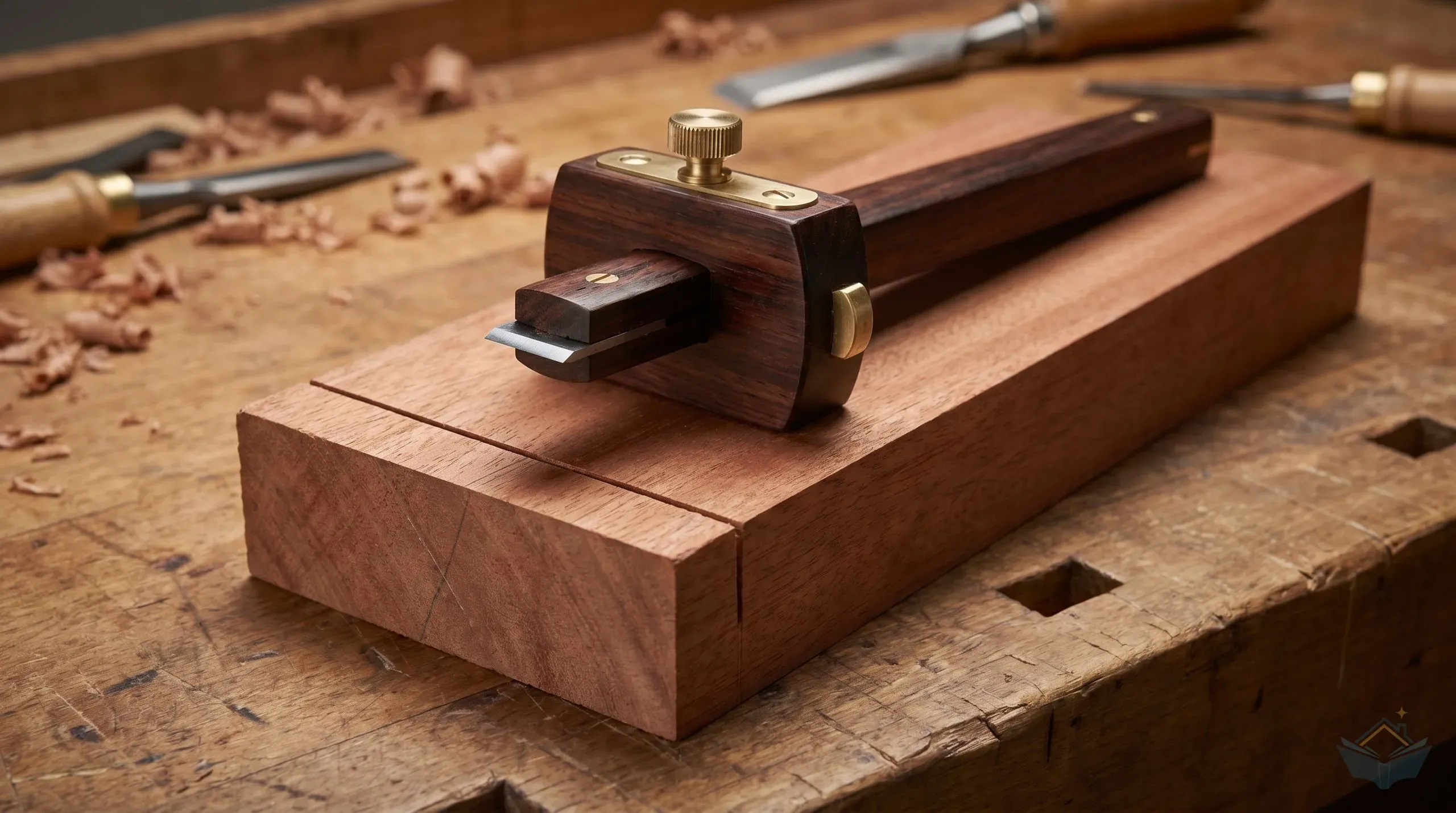 A traditional rosewood cutting gauge with a small steel blade resting on a piece of mahogany, with a clean knife-cut shoulder line visible across the end grain