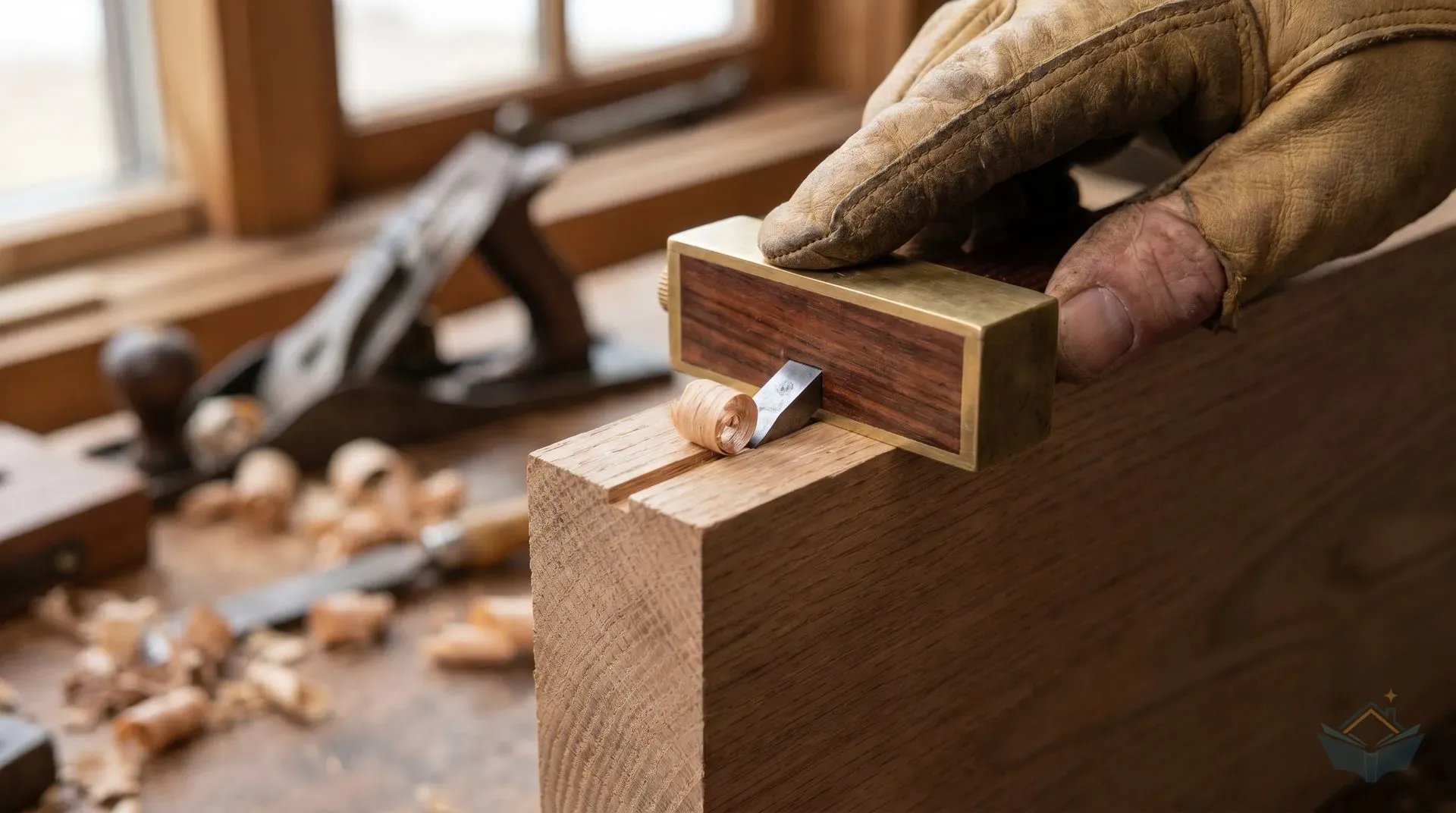 A craftsman's hand pulling a brass-bound rosewood cutting gauge along the end grain of a piece of oak, with the small steel blade visibly slicing into the timber. A clean, sharp shoulder line is visible behind the gauge - straight, vertical-walled, with no fuzzed or torn fibres.