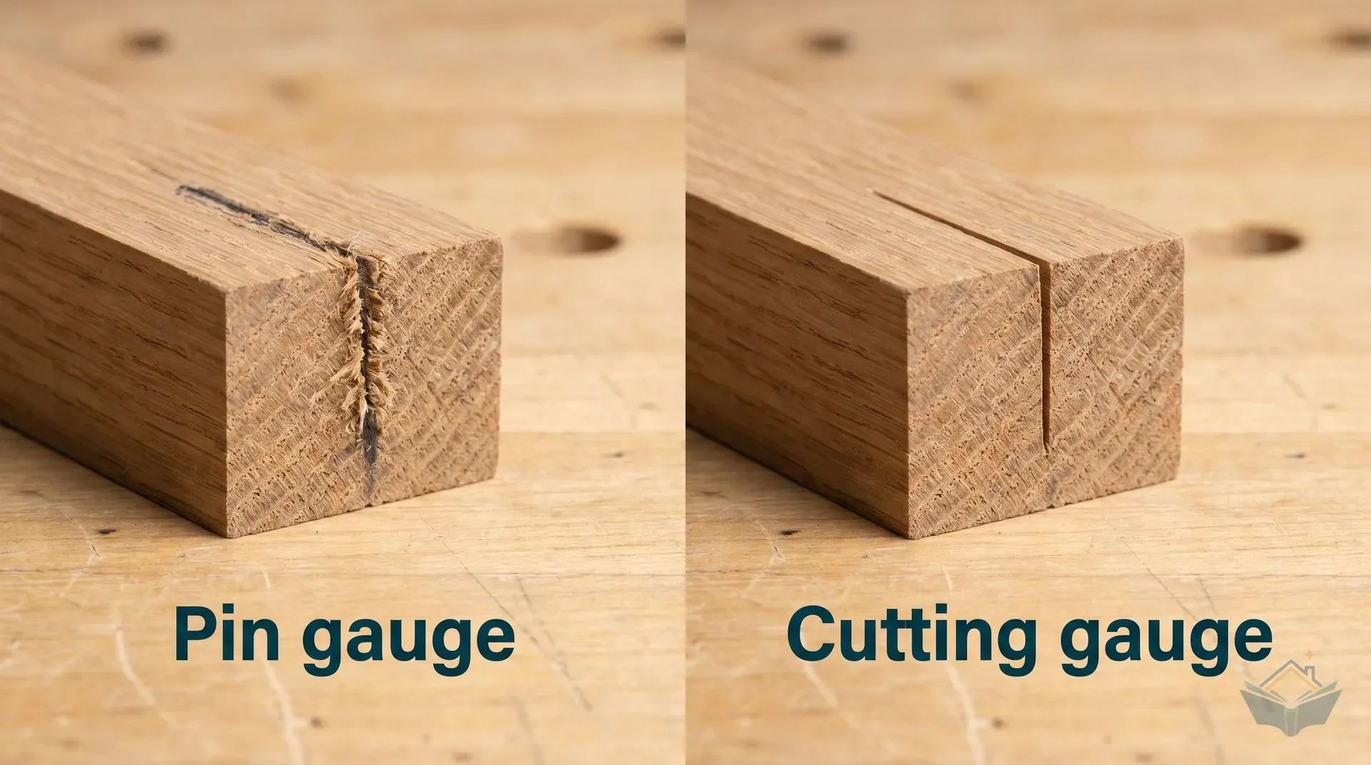 Side-by-side close-up comparison on a workshop bench: a fuzzy, torn shoulder line cut by a pin marking gauge across oak end grain on the left, and a crisp clean knife-cut shoulder line cut by a cutting gauge on the right.