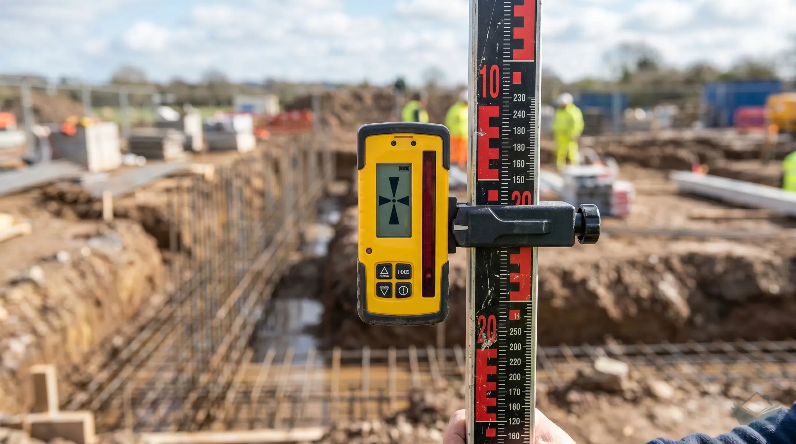 A yellow laser detector clamped to a graduated levelling staff on an extension foundation site, with the LCD showing centred-beam confirmation