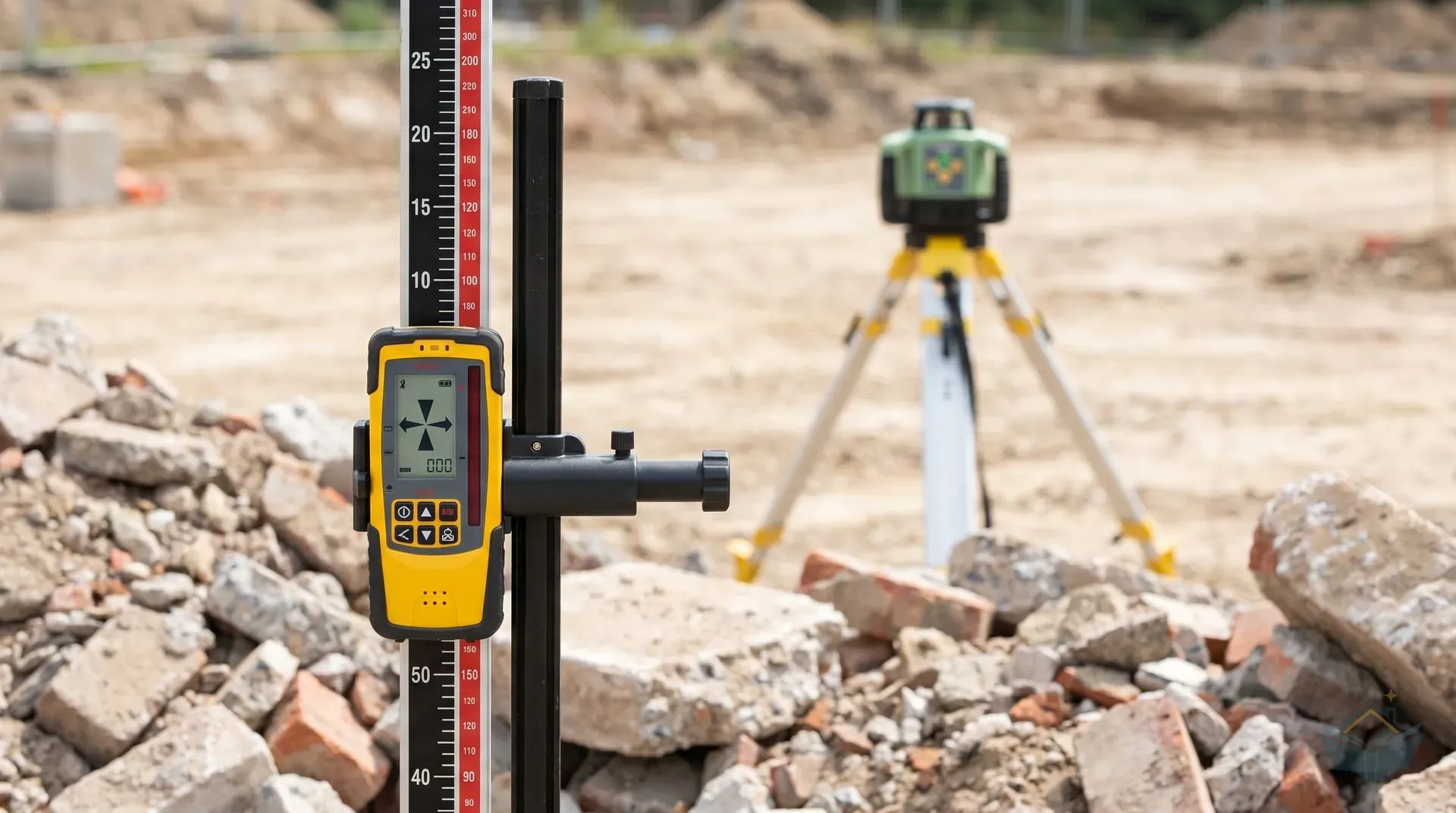 A yellow laser detector clamped to a graduated levelling staff held vertically on extension foundation rubble, with the LCD showing centred-beam alignment. A green rotary laser level on a tripod is visible in the background about 15 metres away. The scene is in bright daylight with no laser line visible to the eye, demonstrating the detector's role in extending laser usability outdoors.