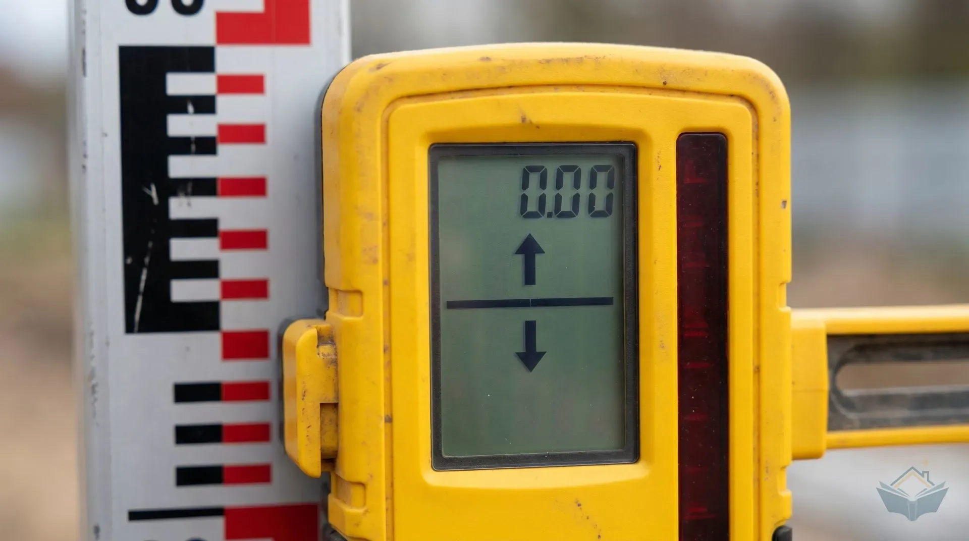 A close-up of a yellow laser detector LCD screen showing the centred-beam alignment indicator (a horizontal line bisecting the display with arrows above and below), with the detector body clamped to the upper section of a black-and-red graduated levelling staff.