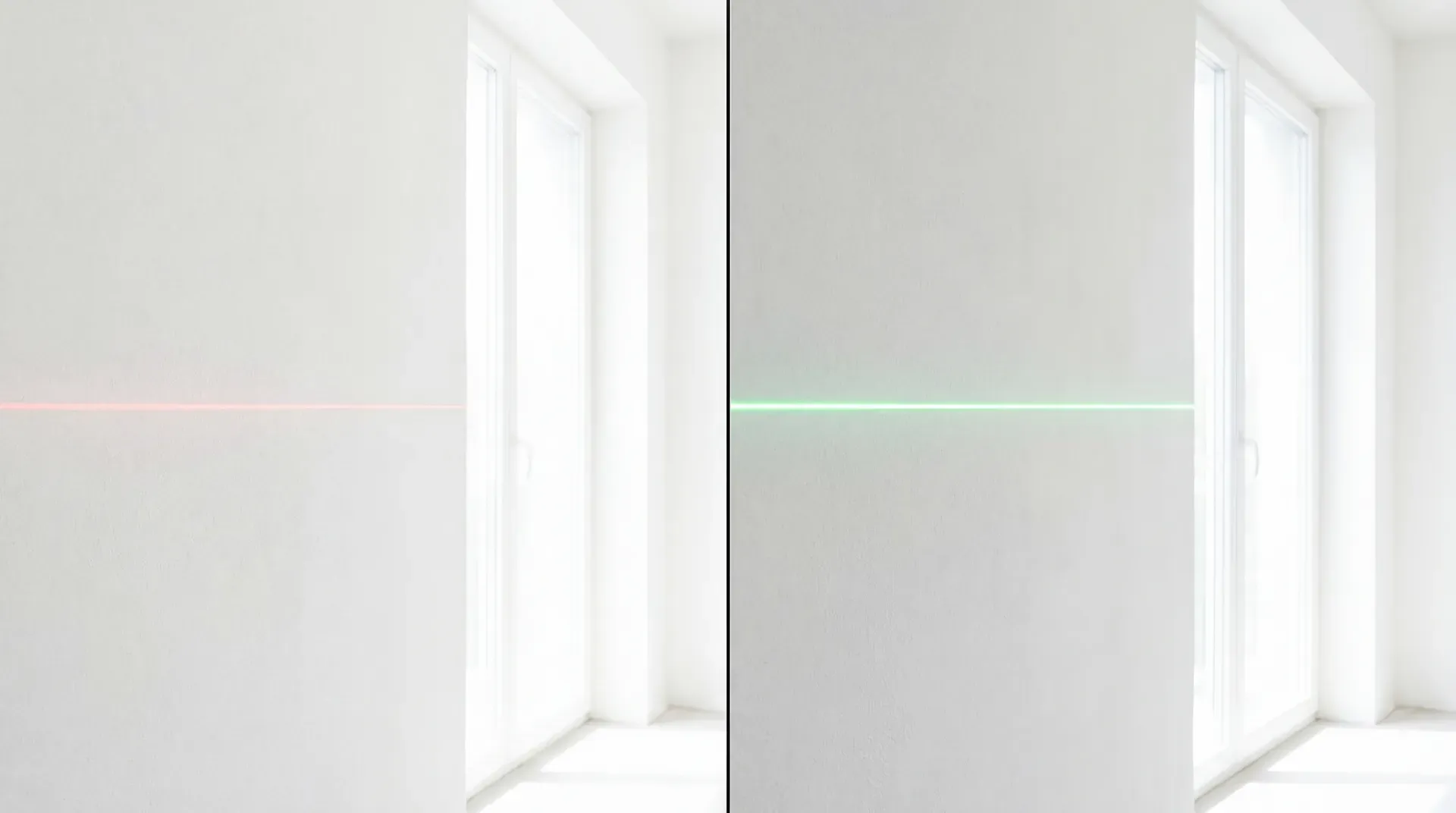 Side-by-side comparison of a red laser line (left, barely visible against a bright white wall with a window) and a green laser line (right, vivid and clearly readable in identical bright lighting conditions), demonstrating the significant visibility difference between red and green laser levels in a well-lit room.