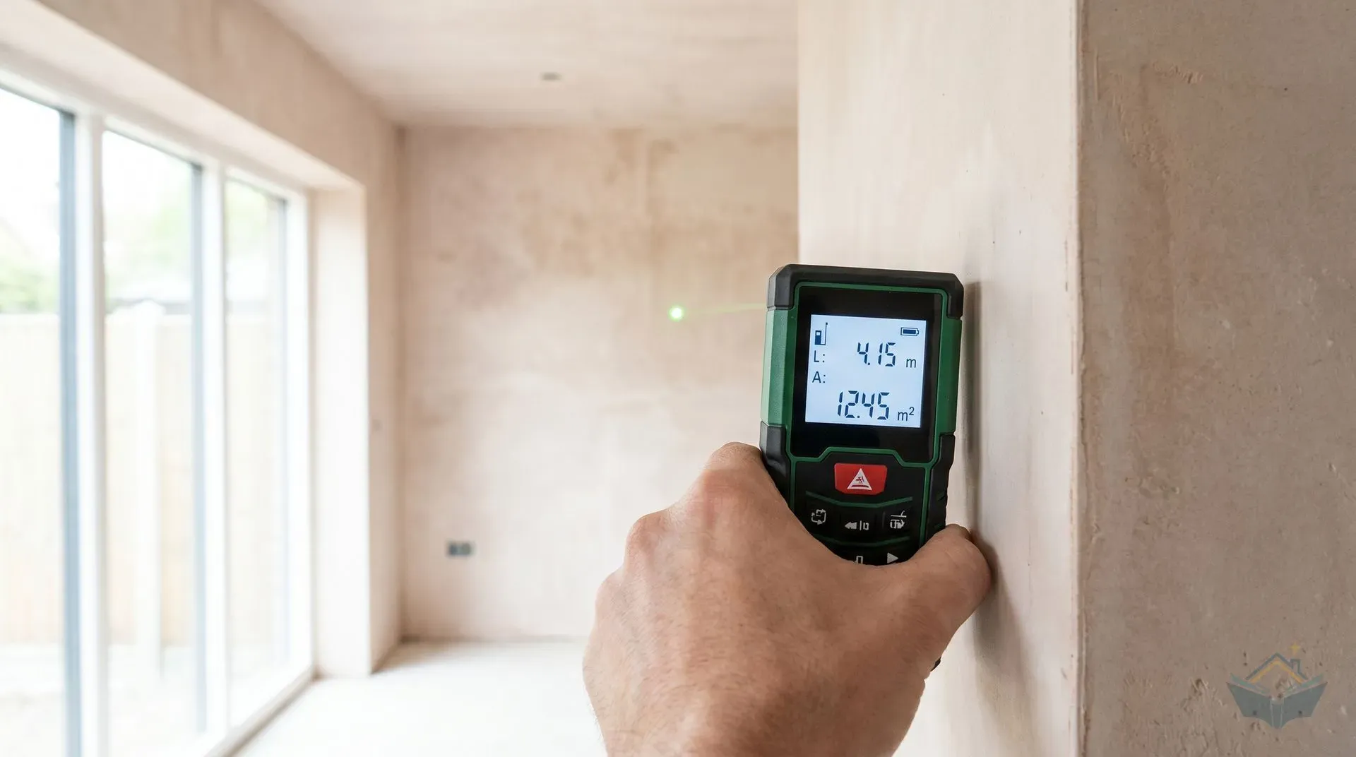 A green laser distance measure used in area mode in a kitchen extension, with the LCD showing both a length reading and a calculated area in square metres. The device is held in one hand against the corner of a bare-plaster wall.