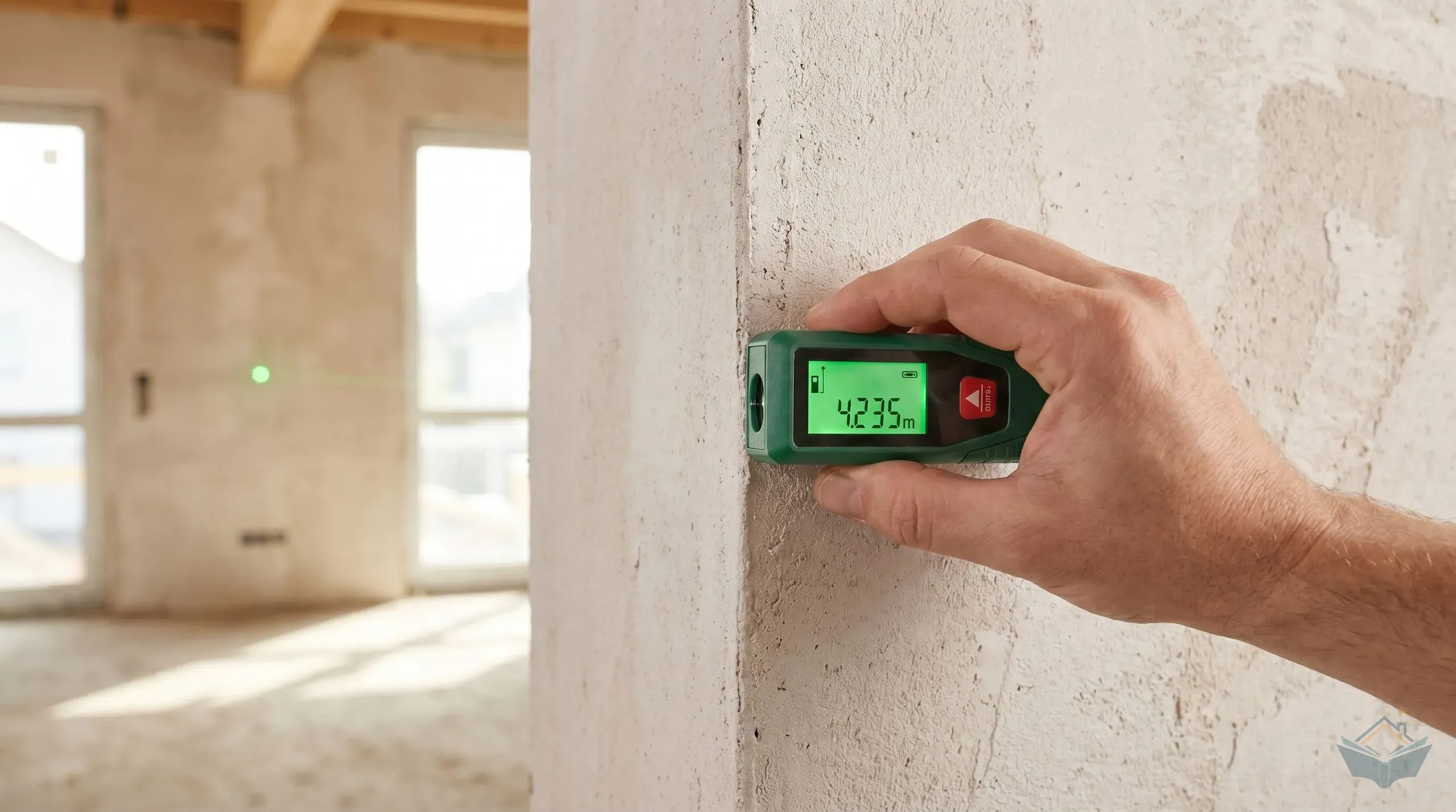A pocket-sized green laser distance measure held in one hand against a bare-plaster wall, with the LCD display showing a measurement of 4.235m