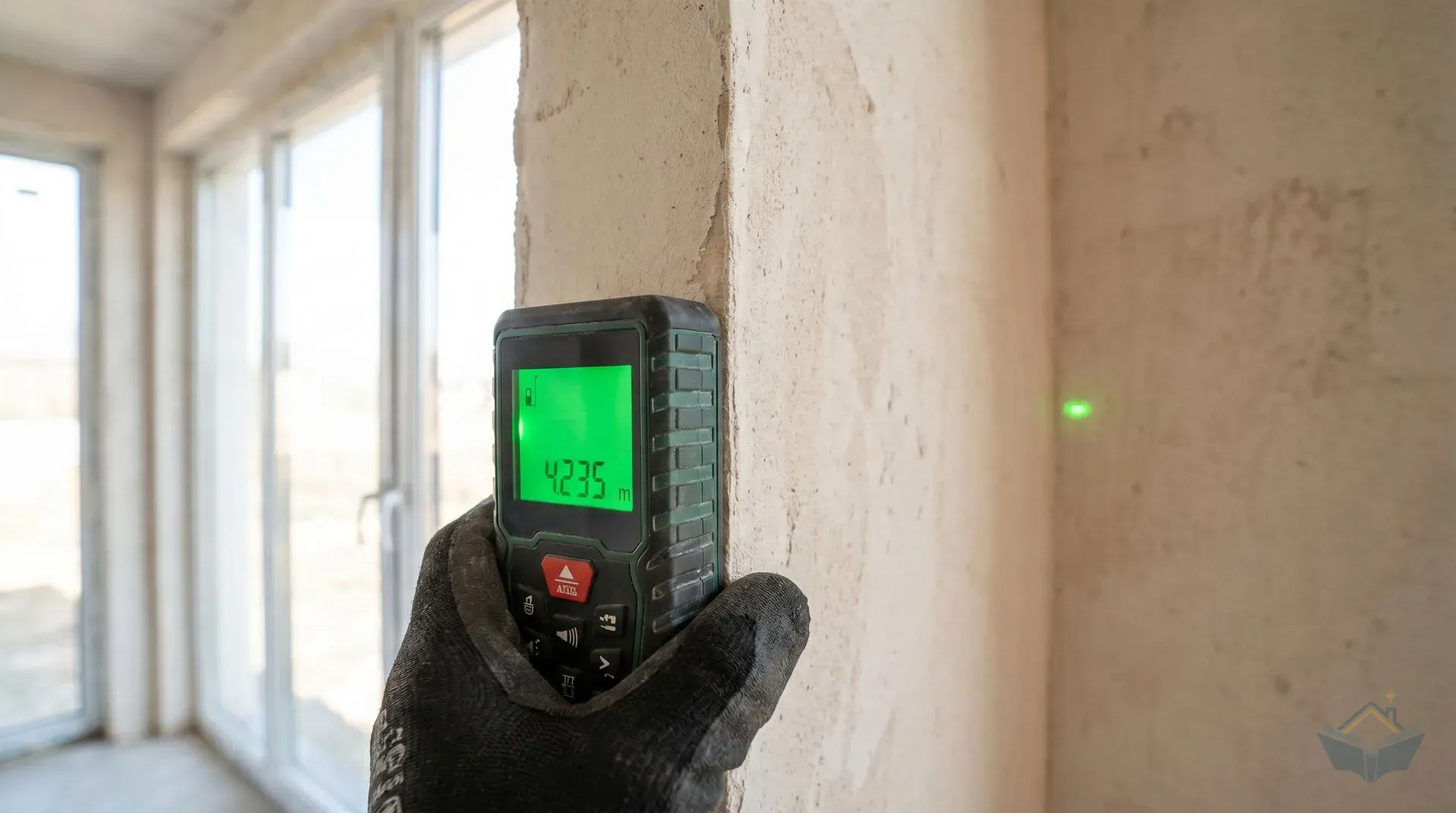 A green-laser distance measure held in one hand against the corner of a bare-plaster wall in an extension under construction, with the bright LCD display visible showing a reading of 4.235m. The green laser dot is faintly visible on the opposite wall, slightly out of focus. Natural daylight from large windows fills the room.