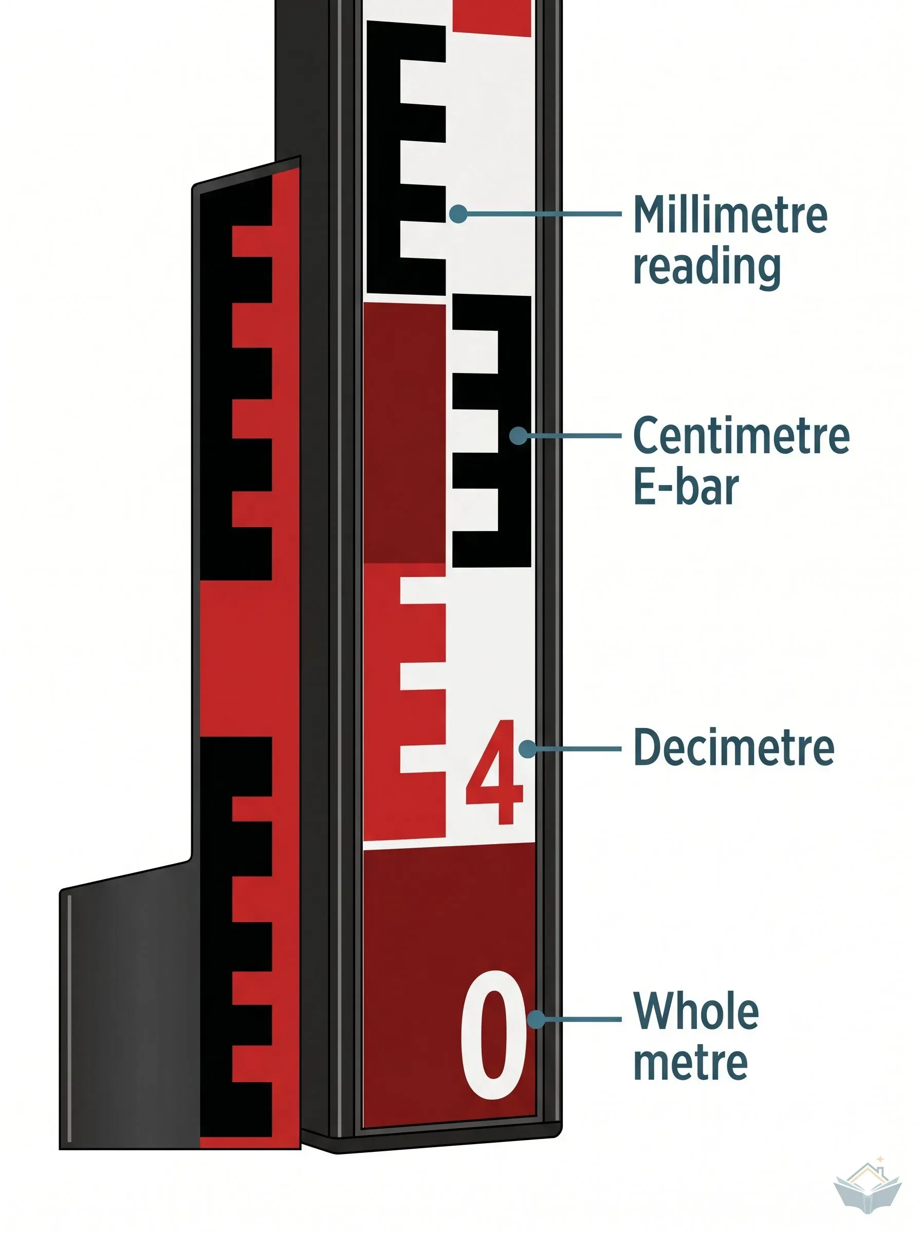 Annotated close-up of the lower section of an E-pattern levelling staff showing how to interpret the graduations. Four labelled callouts identify the metre numeral, the decimetre numeral, the centimetre E-bars (each shaped like a horizontal letter E), and the millimetre reading position within an E-bar leg.